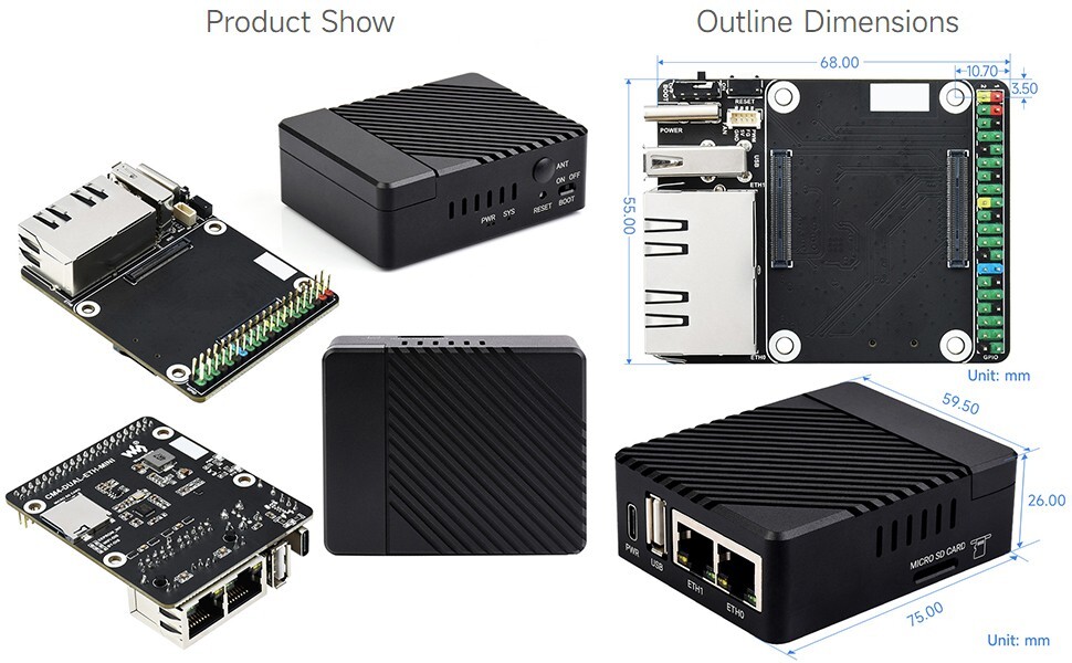 Waveshare Mini Dual Gigabit Ethernet Base Board Designed for Raspberry Pi CM4