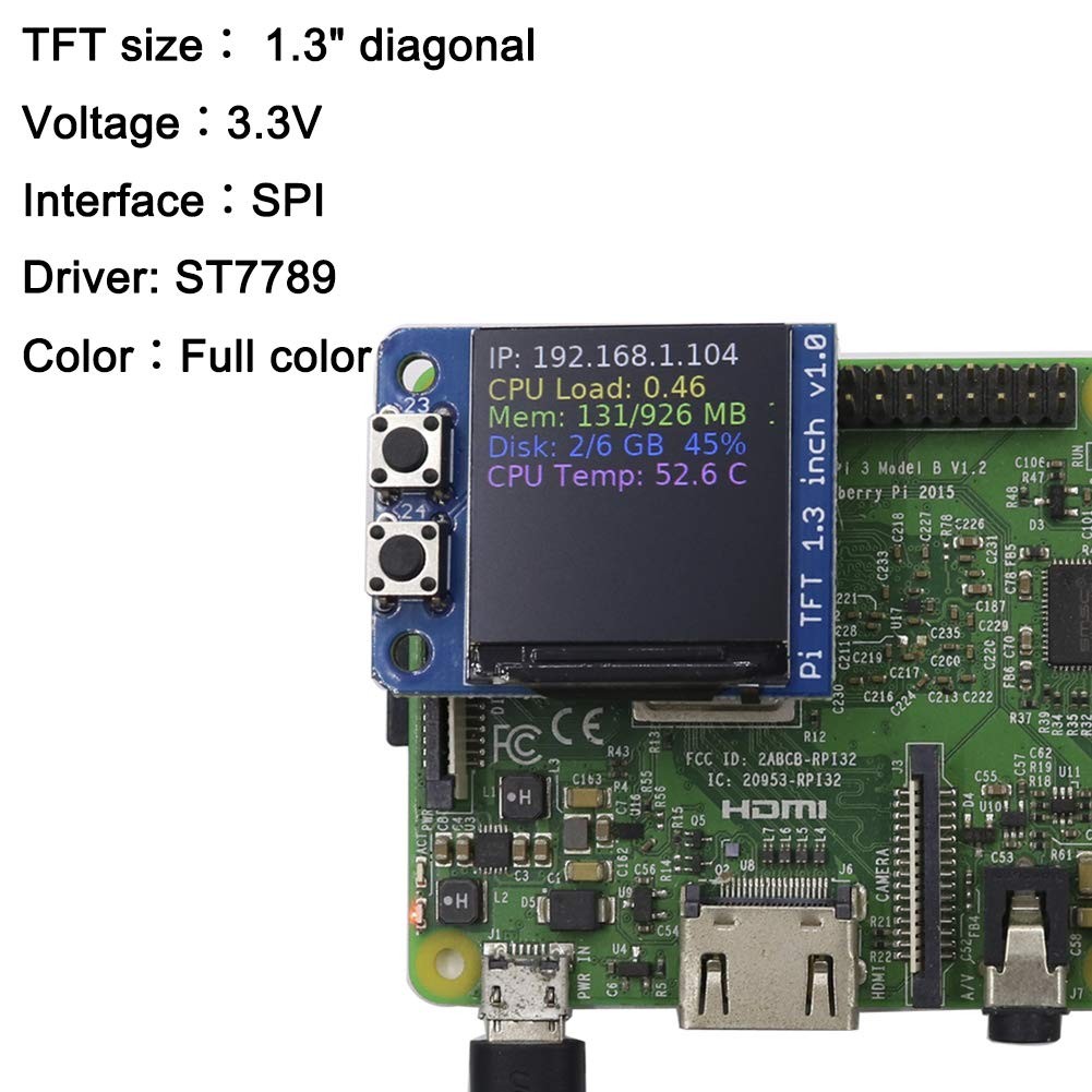 Mini PiTFT 1.3″ LCD Display 240×240 TFT Add-on for Raspberry Pi 3.3V SPI ST77…