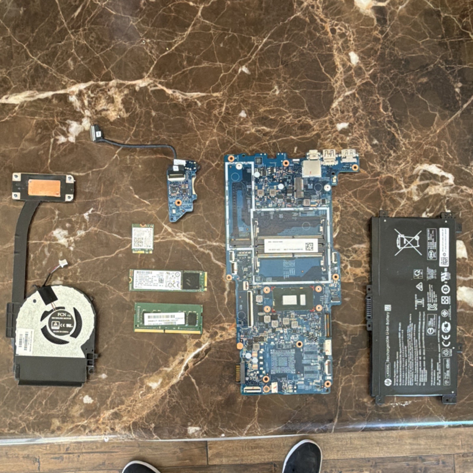 HP Motherboard, Battery, Fan, RAM, SSD, Wi-Fi card, screws included
