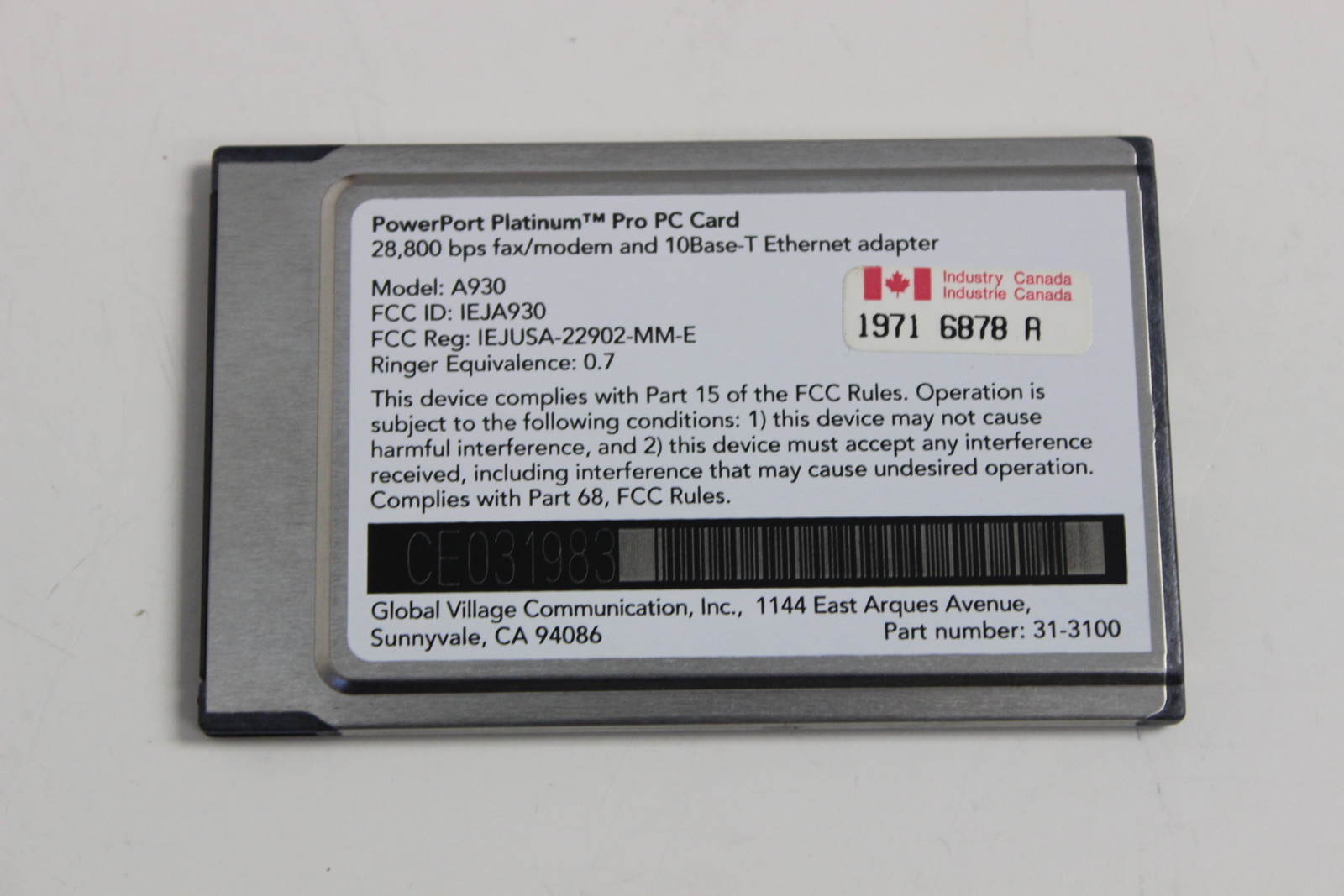 GLOBAL VILLAGE A930 POWERPORT PLATINUM PRO PC CARD 28.8 FAX/MODEM ETHERNET