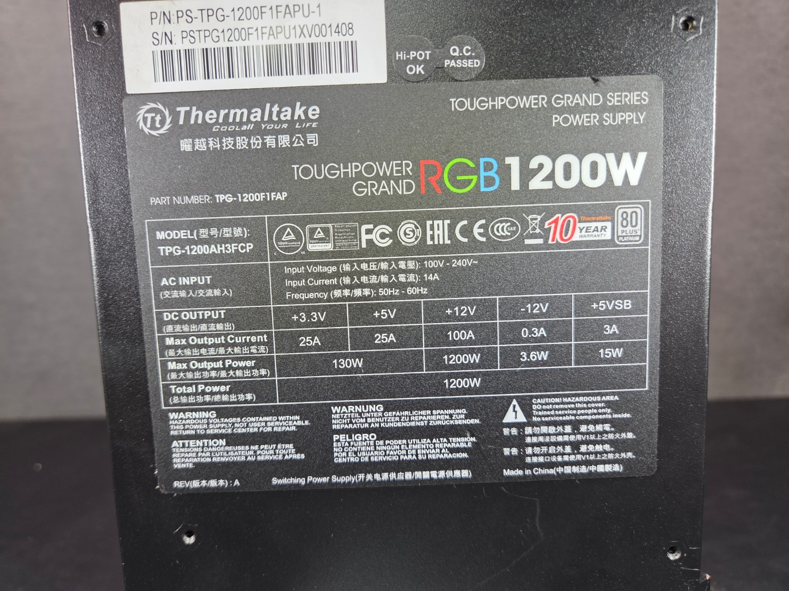 Thermaltake ToughPower Grand RGB1200W PS-TPG-1200F1FAPU-1 Power Supply FAST SHIP