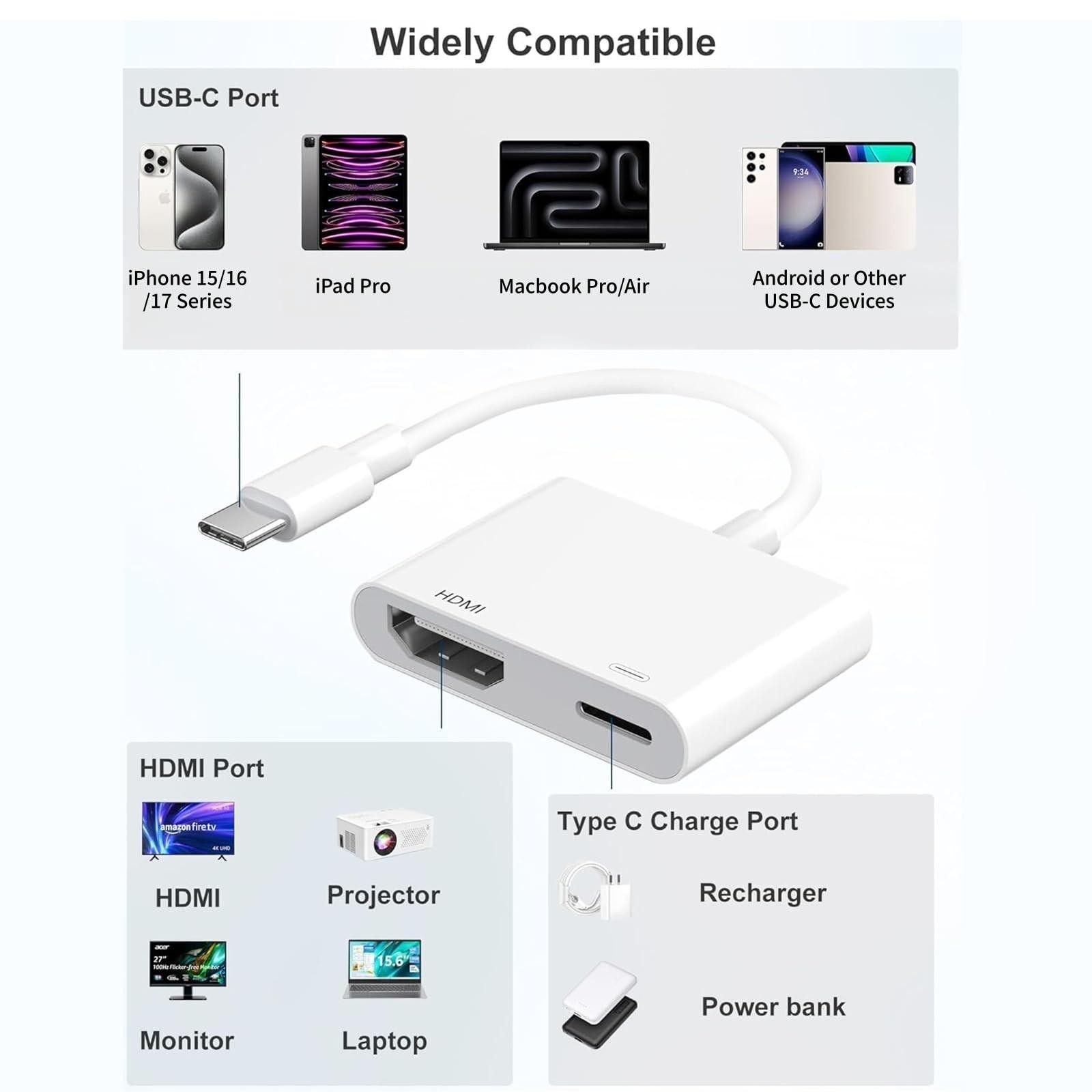 USB C to Hdmi Adapter for Iphon 17/16/15 Tv, Type C 4k@30hz, White