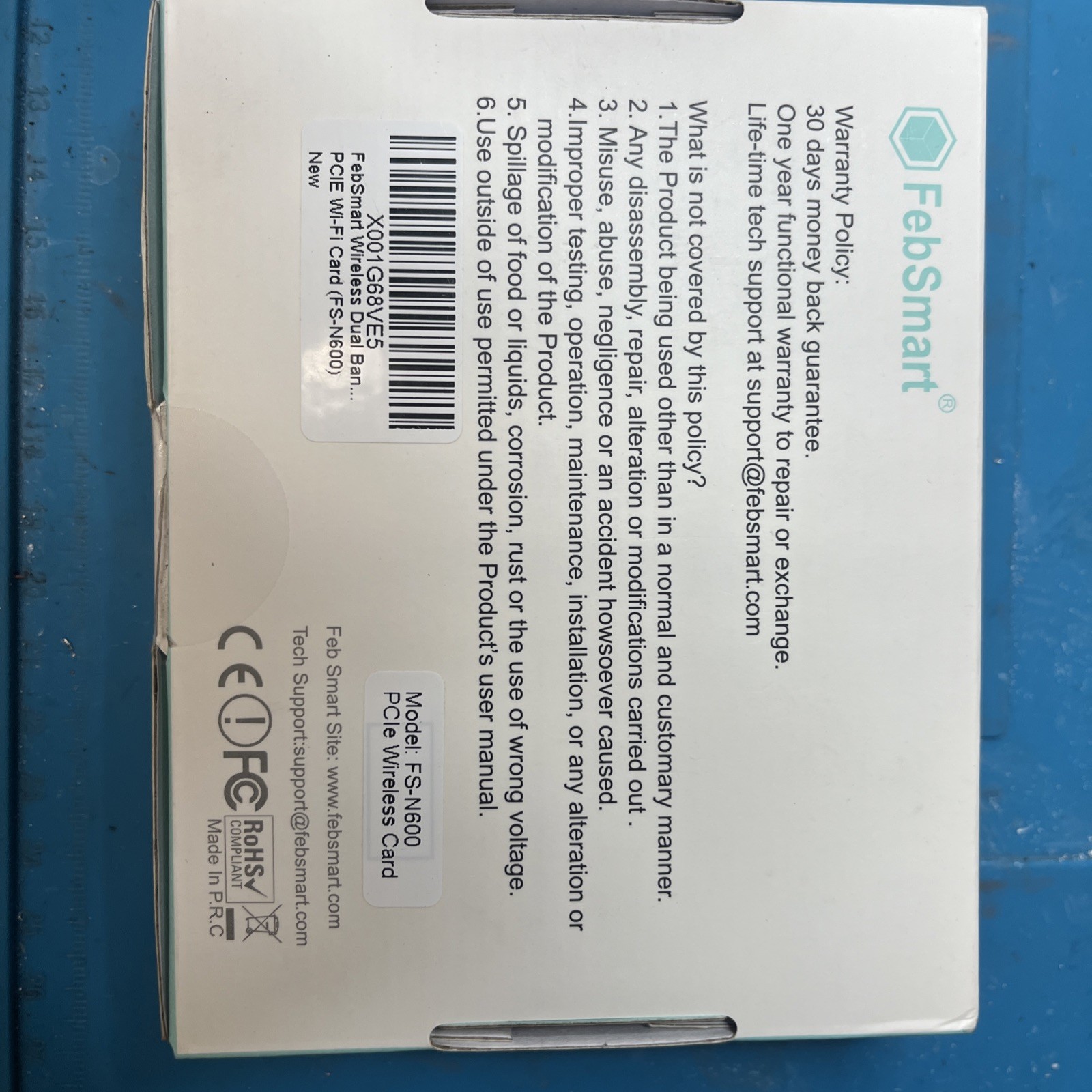 FebSmart PCIe X1 Wi-Fi Bluetooth Adapter Model FS-N600BT; 5GHz Speeds 300MBs
