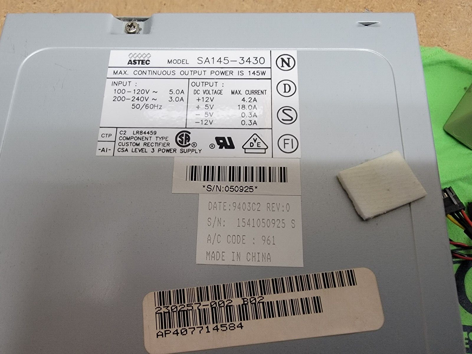 ASTEC SA145-3430 AT 145W POWER SUPPLY with Power Switch (See Pictures)