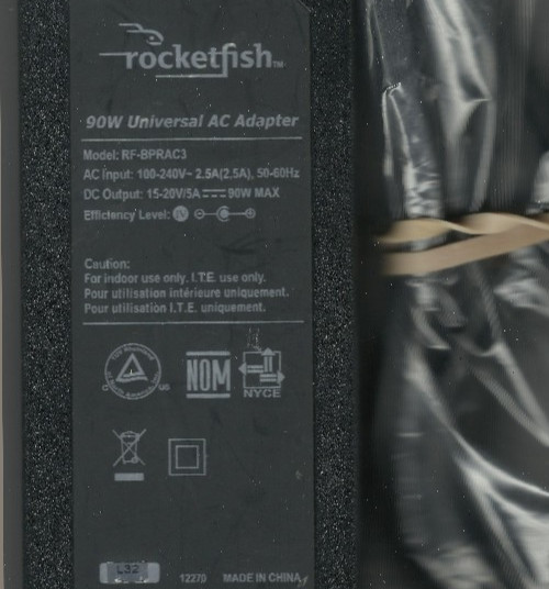 90W Universal AC Adapter Power Supply Charger w 1 TIP Rocketfish Model RF-BPRAC3