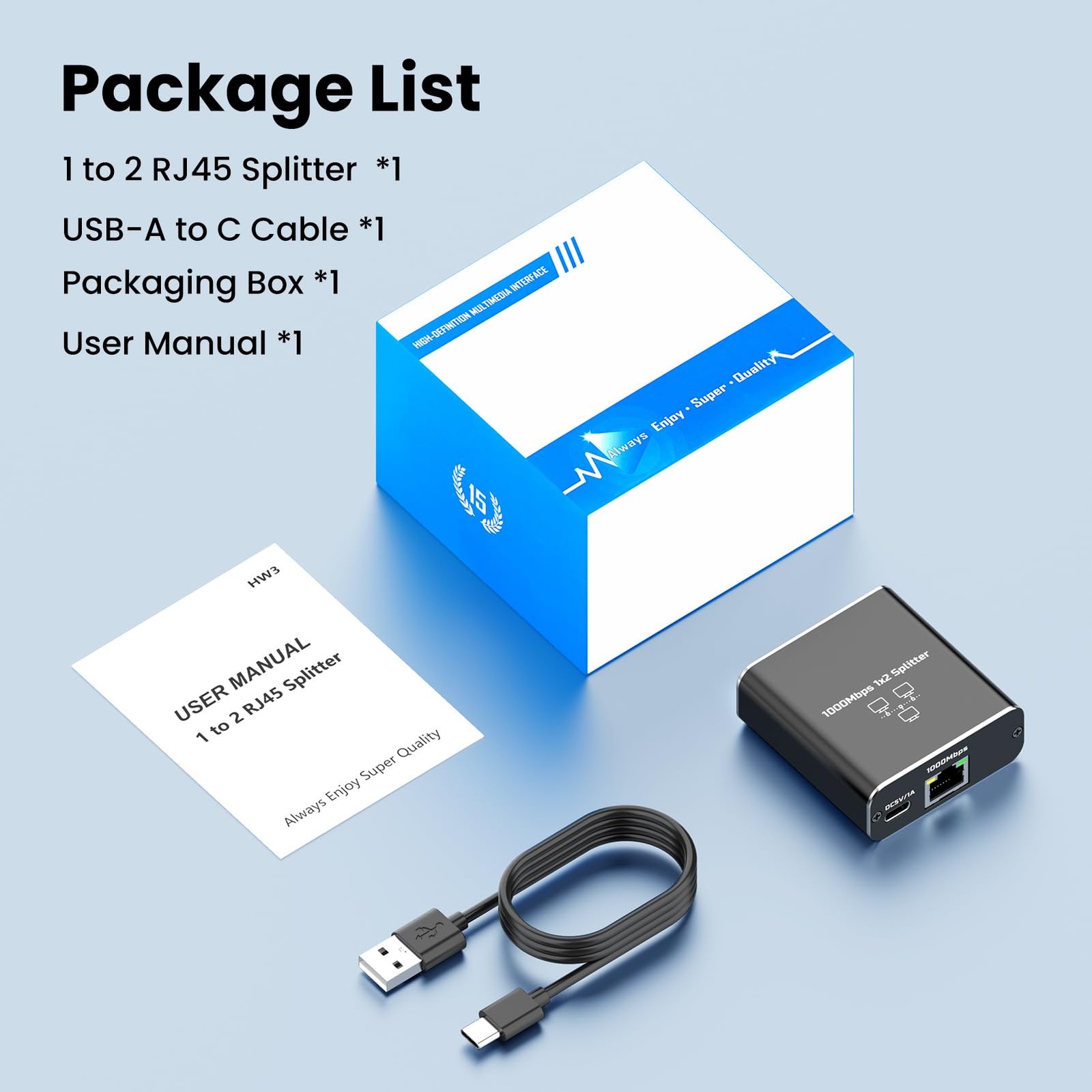 Gigabit Ethernet Splitter 1 to 2, 1000Mbps High Speed LAN Splitter with USB‑C…
