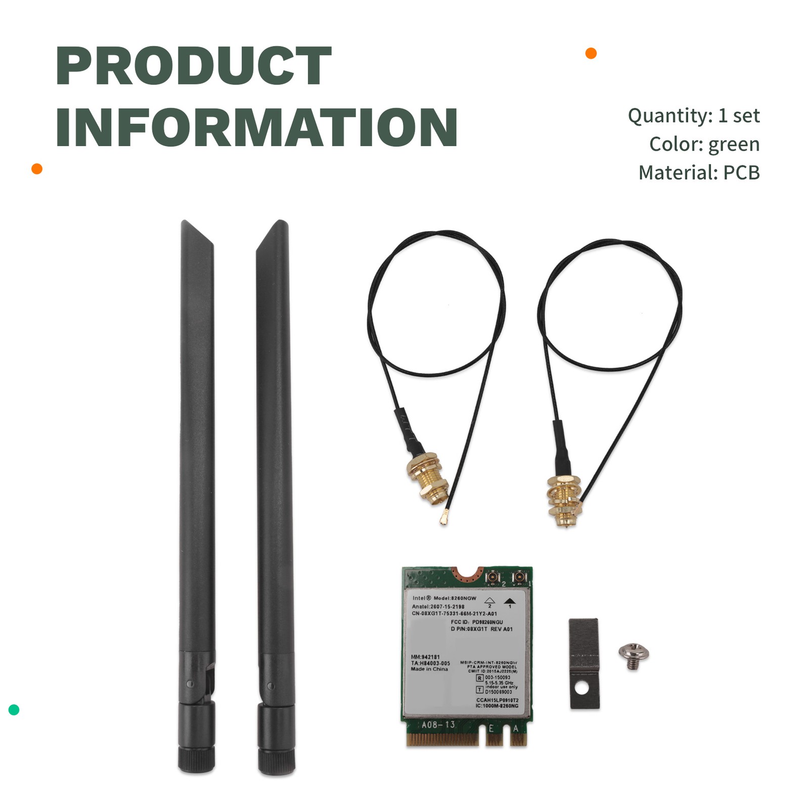 8260 8260NGW WiFi Card+2X8DB Antenna 2.4G/5Ghz 867M Bluetooth 4.2 NGFF M.24091