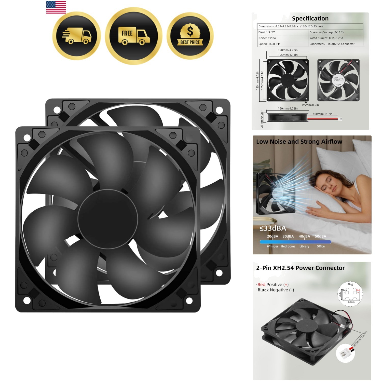 12V DC Fan Strong Quiet 120x120x25mm 12cm Small Cooling Fan 2Pin 2Wire 1600RP…