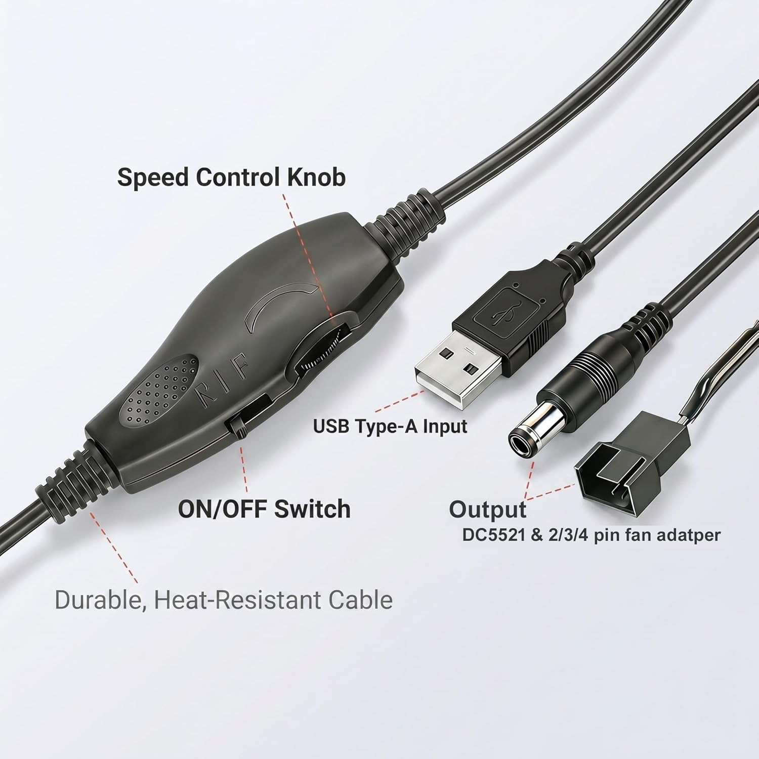USB 5V to 5-12V Adjustable Fan Speed Controller, 4.8FT Cable, DC5521