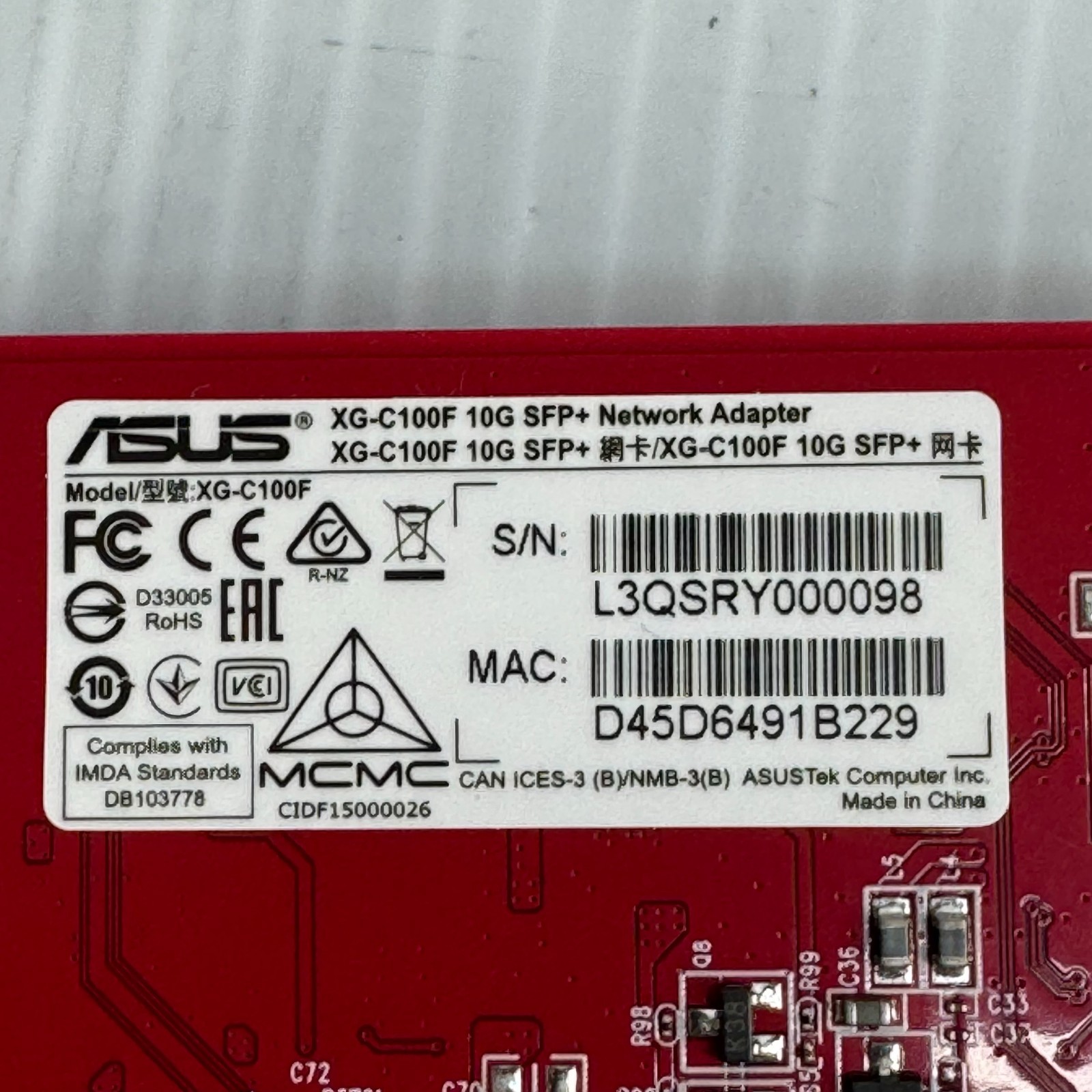 ASUS XG-C100F 10G Network Adapter SFP+ Port PCIe x4 Card – Full Height – Tested