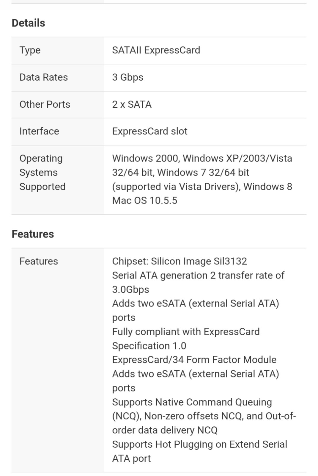 PCIe ExpressCard 3Gbps eSATA Rosewill RC-605
