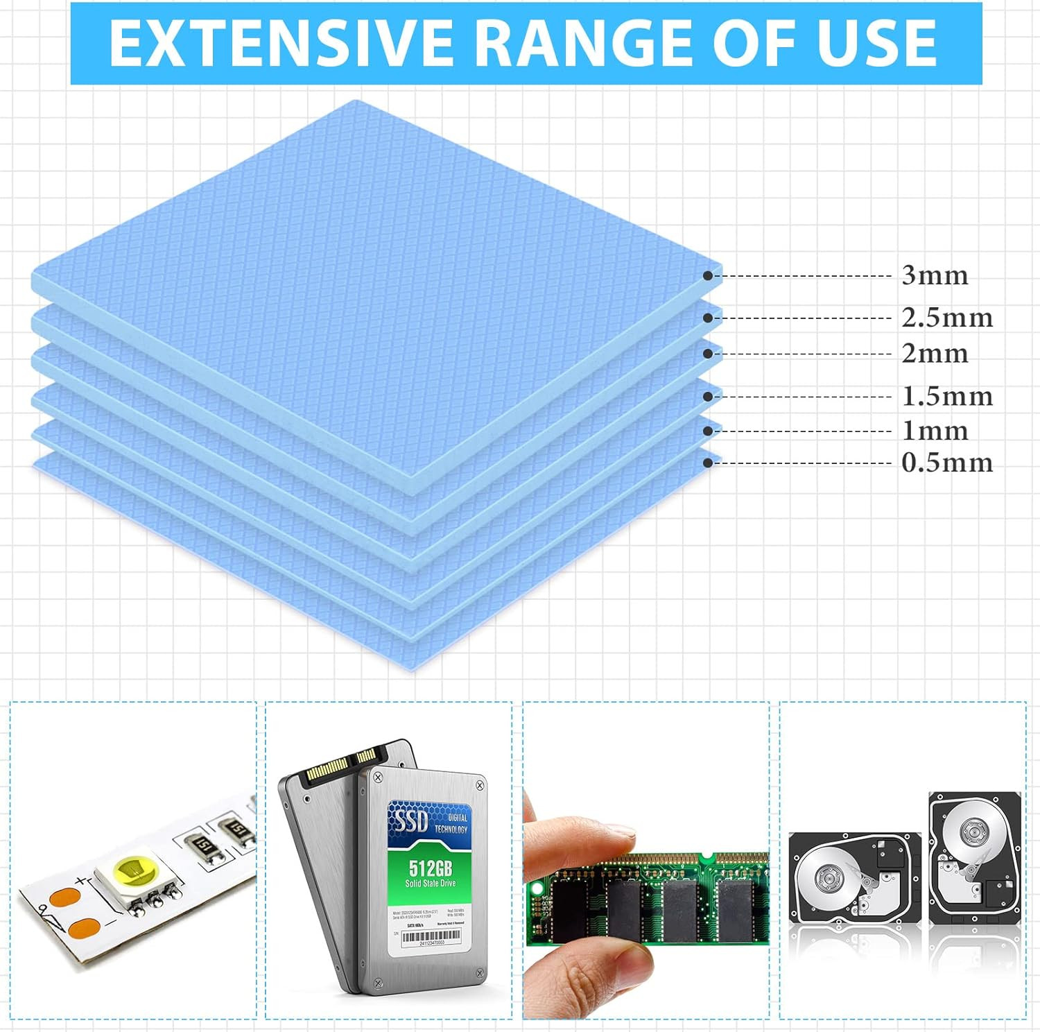 6 Pcs Thermal Pad 100 X 100 Mm 0.5 Mm 1 Mm 1.5 Mm 2 Mm 2.5 Mm 3 Mm Heat Re