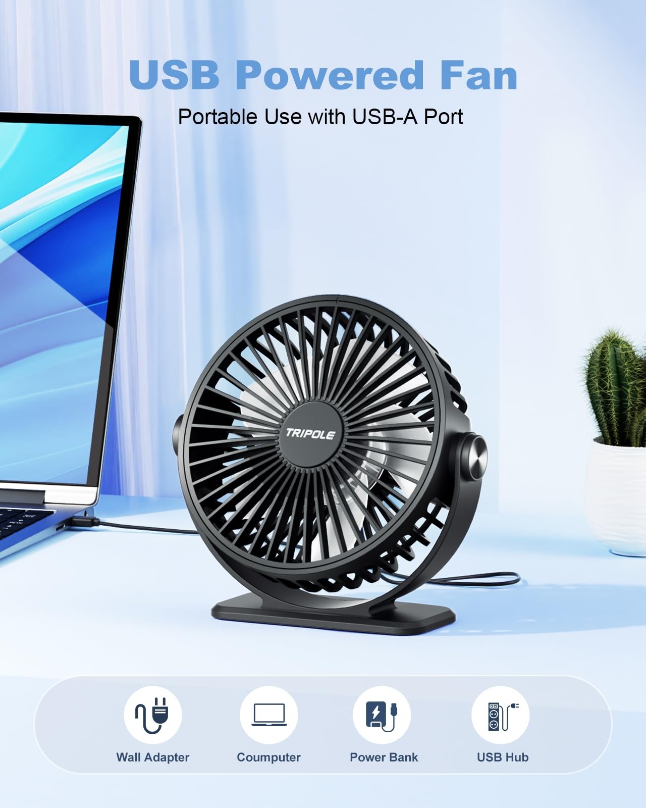 TriPole Desk Fan USB Powered Small Portable Fan, 3 Speeds Mini, Black