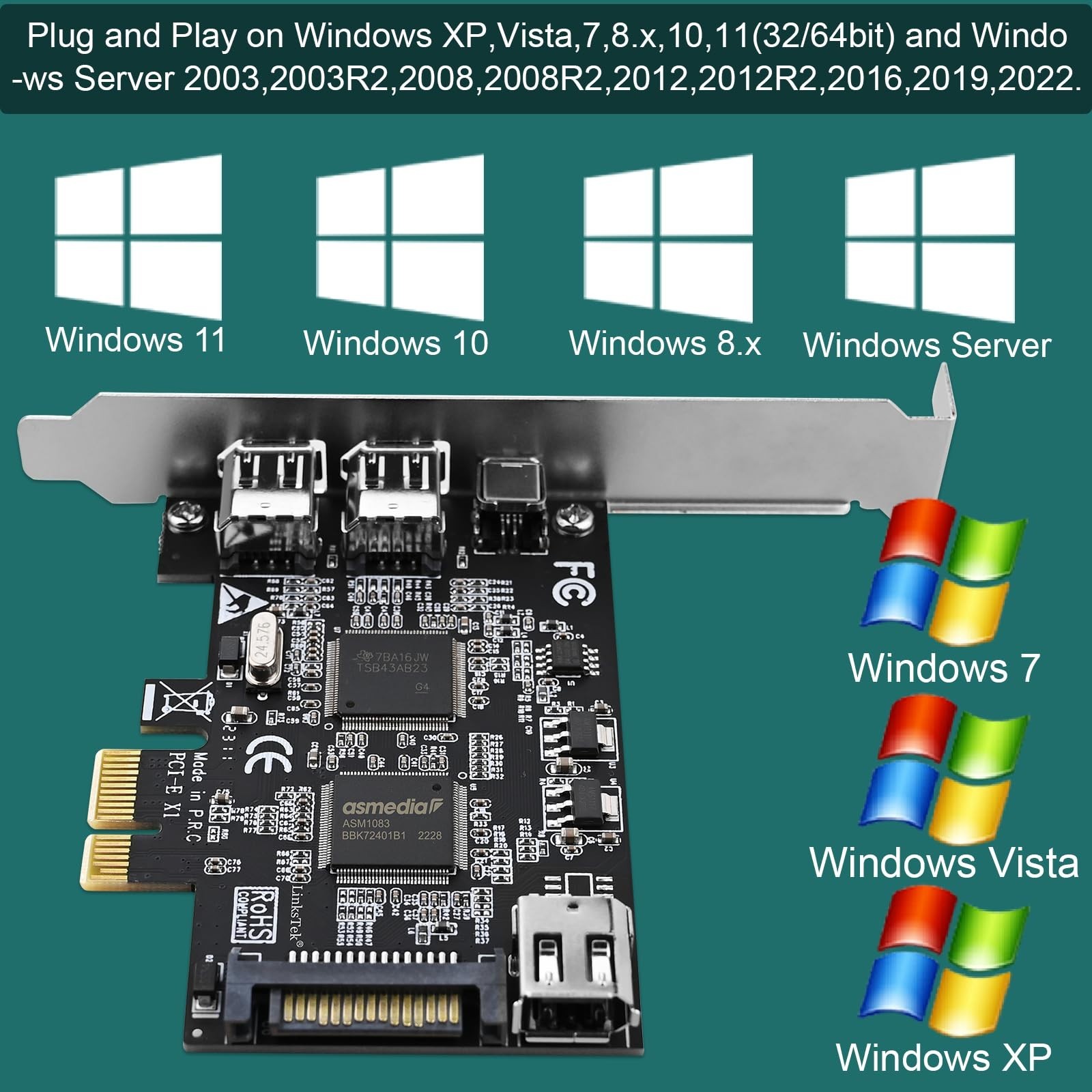 4-Port PCIe Firewire 400 Card, 1394A Interface for Windows & Mac, Cables Include