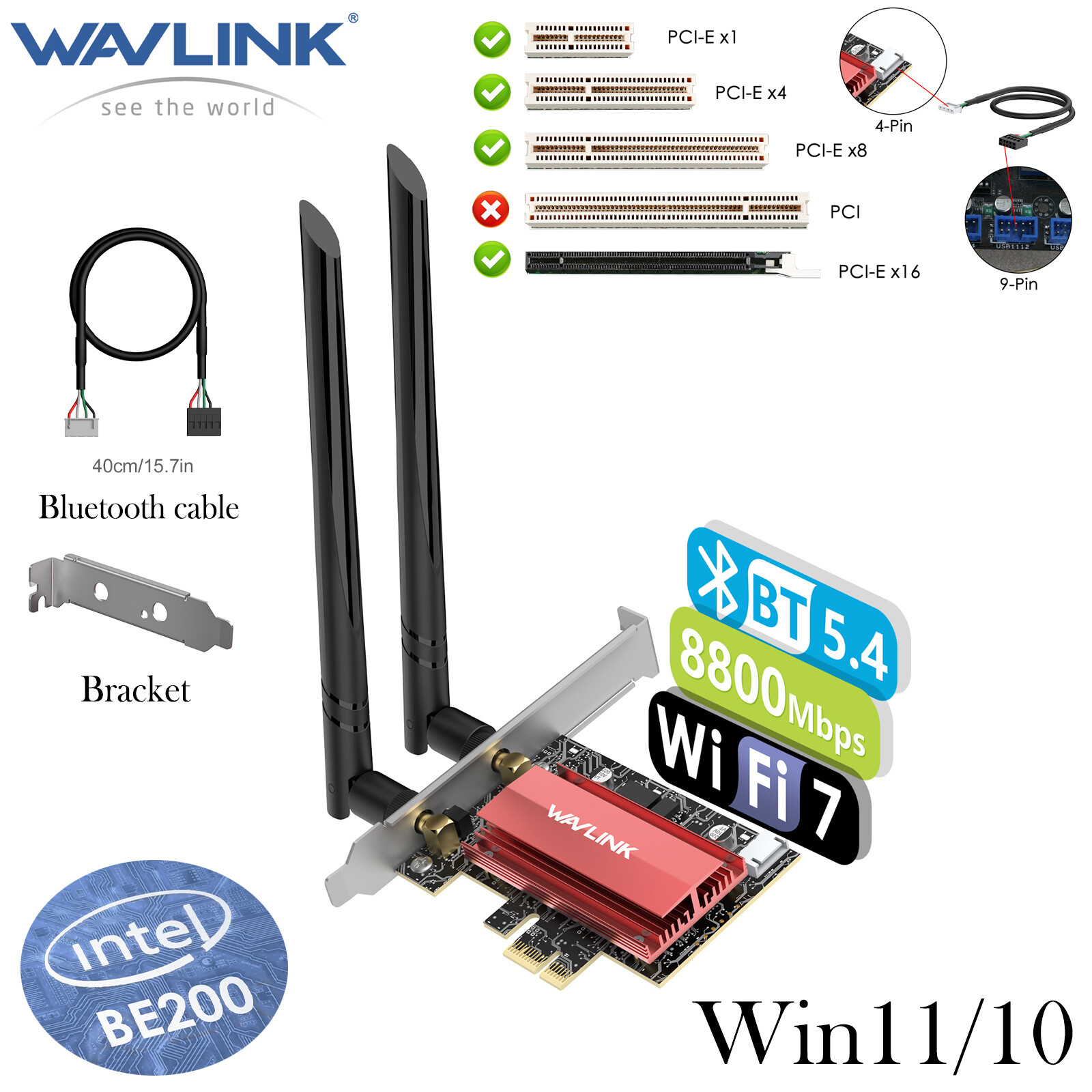 WAVLINK WiFi 7 PCIe Card Tri-Band BE8800, BT5.4, 5800Mbps, Win11/10 for Desktops