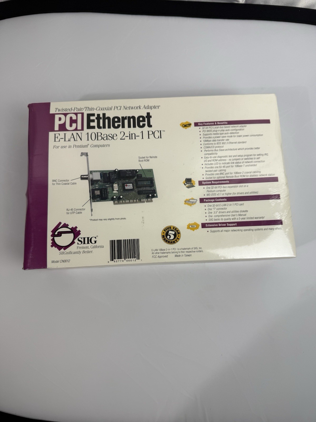 Vintage SIIG PCI Ethernet E-LAN 10Base 2-in-1 Adapter CN012 New Sealed Box