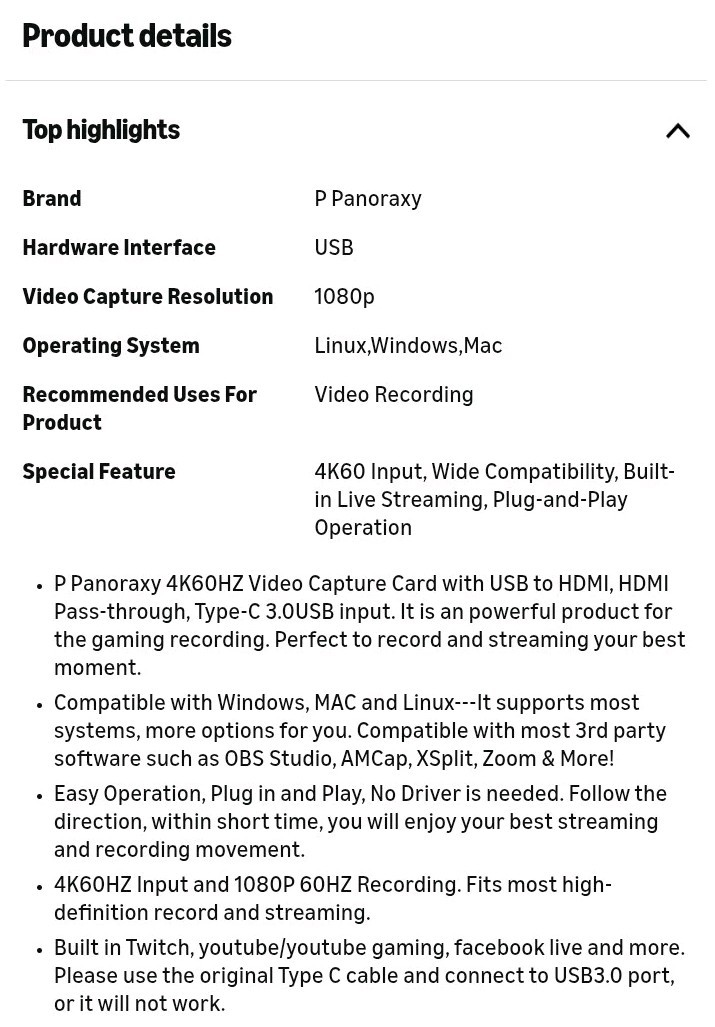 1080 4K HDMI to USB3.0/Type C Video Capture Card Game Audio Video Live Streaming