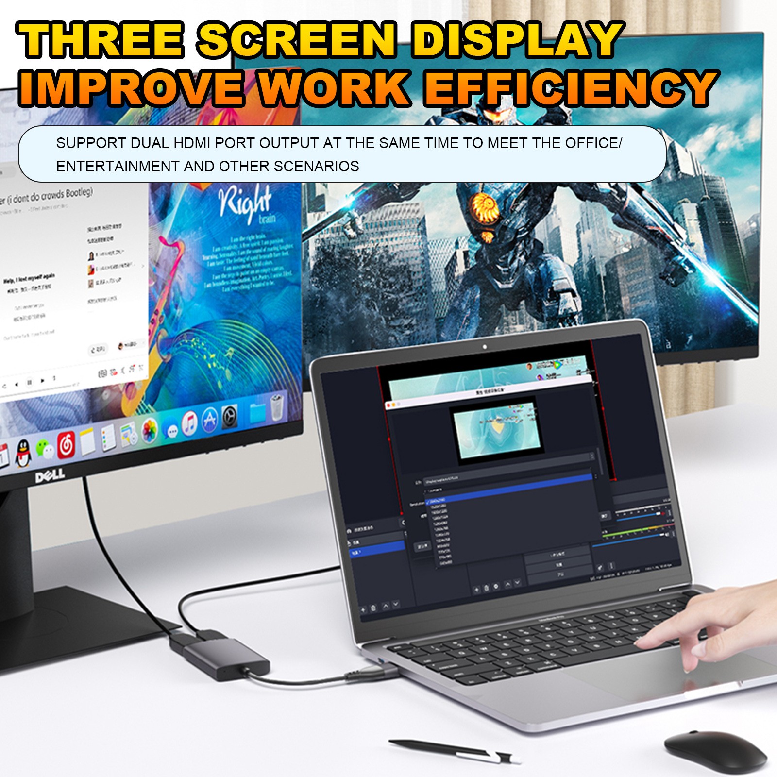 Type C/USB3.0 to Dual HDMI Adapter 1080P 60Hz Extend 2 Different Screen Hub