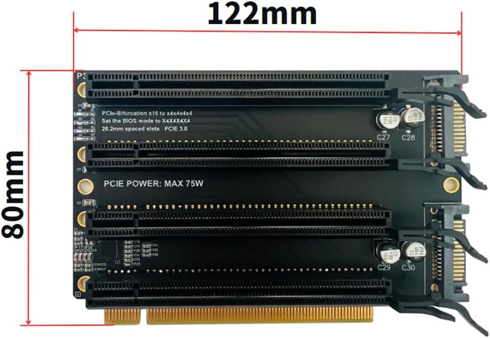 ⭐ 2-Pack Gen3 PCIe-x16 to x4x4x4x4 Card for Bifurcation with SATA AUX power