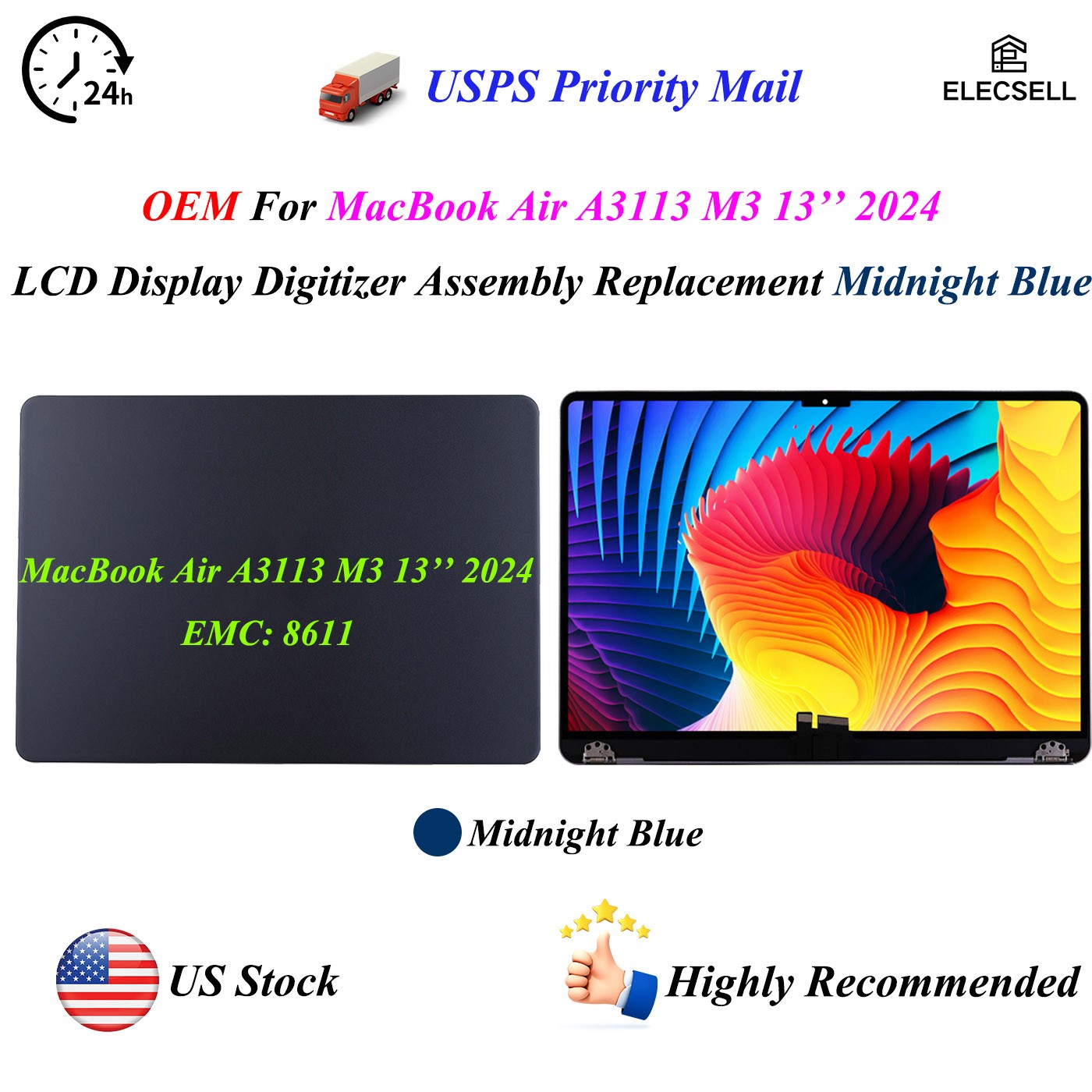 For MacBook Air A3113 M3 13in LCD Display Screen Digitizer Replacement Midnight