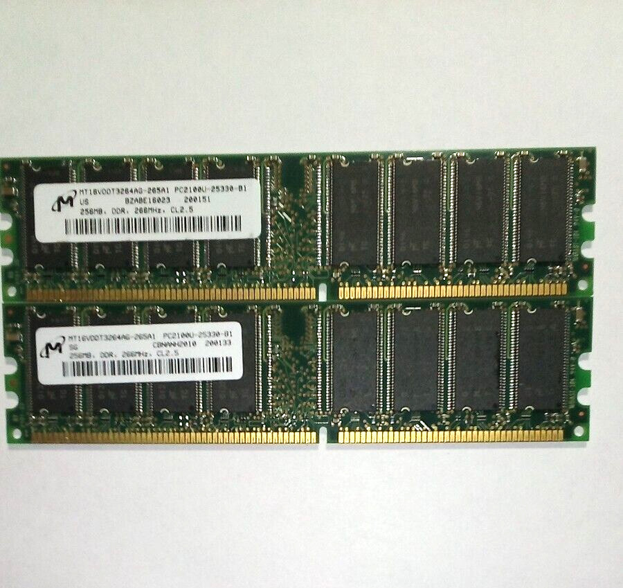 2 Used Working Pulls Micron 256mb PC2100 DDR 266 CL2.5 Memory Matching Set
