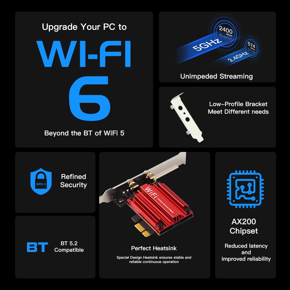 WiFi6 AX200 PCIe Wireless Card 2974M 2.4G/5G Low Latency BT5.2 Gaming PC Adapter