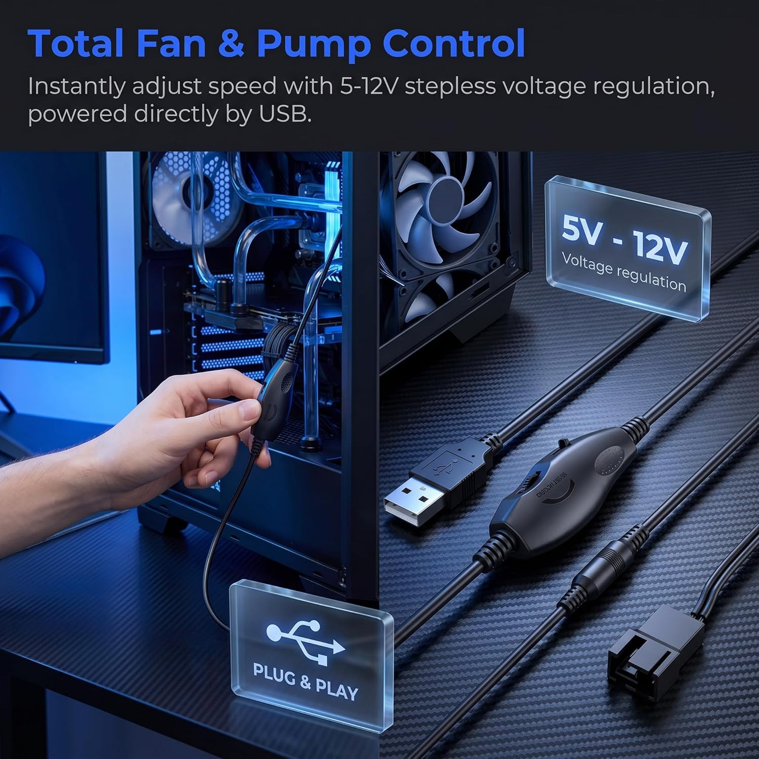USB 5V to 5-12V Adjustable Fan Speed Controller, 4.8FT Cable, DC5521