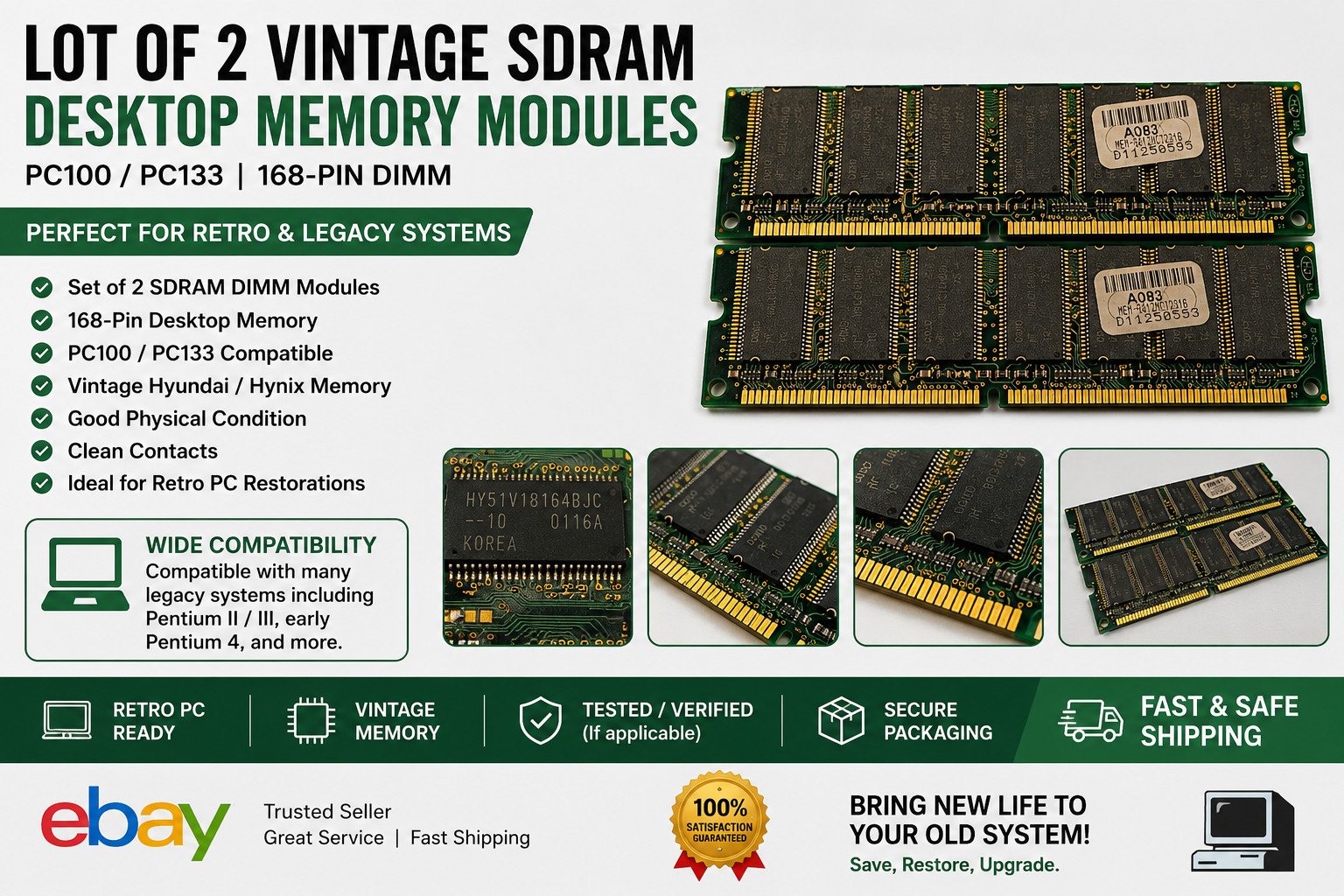 Lot of 2 Hynix Hyundai SDRAM DIMM Memory Modules PC100 PC133 168-Pin Vintage RAM