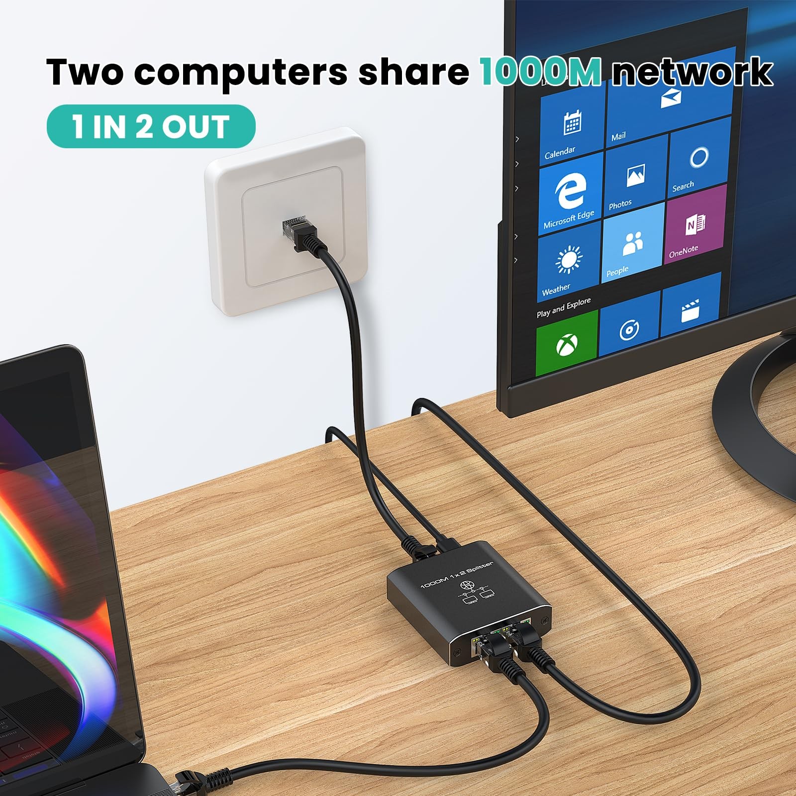 HRSDEIE Ethernet Splitter 1-to-2 Gigabit RJ45 1000Mbps Network LAN Adapter