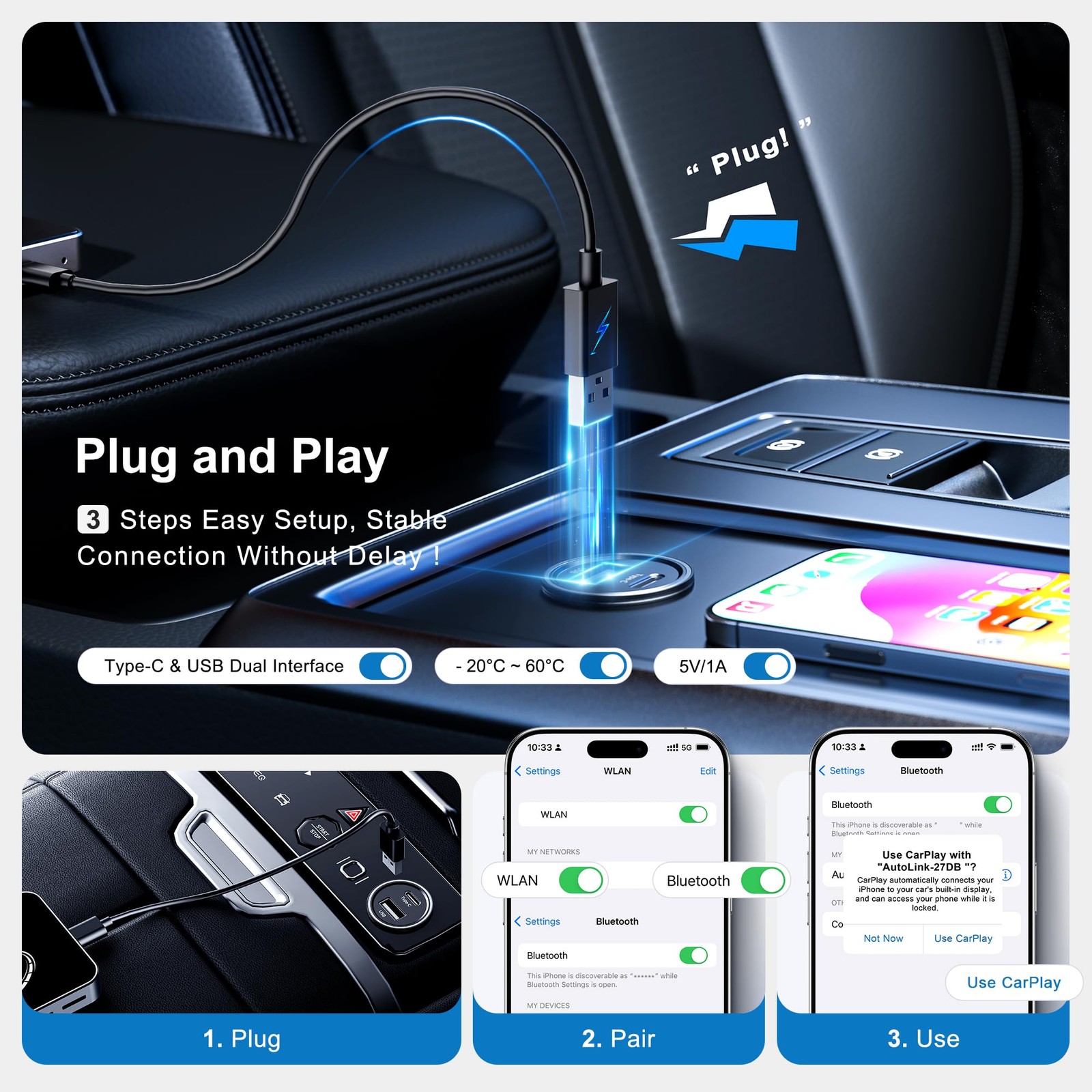 AI Box CarPlay, 3-in-1 Wireless CarPlay Adapter & Android Auto for T11, Black
