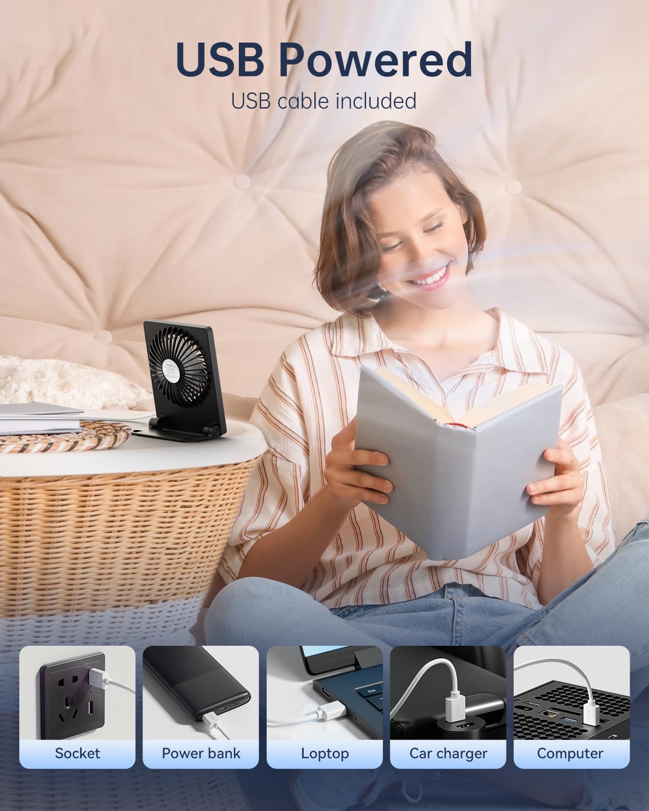 TriPole Mini Desk Fan USB Powered Portable Small Personal Mini, Black