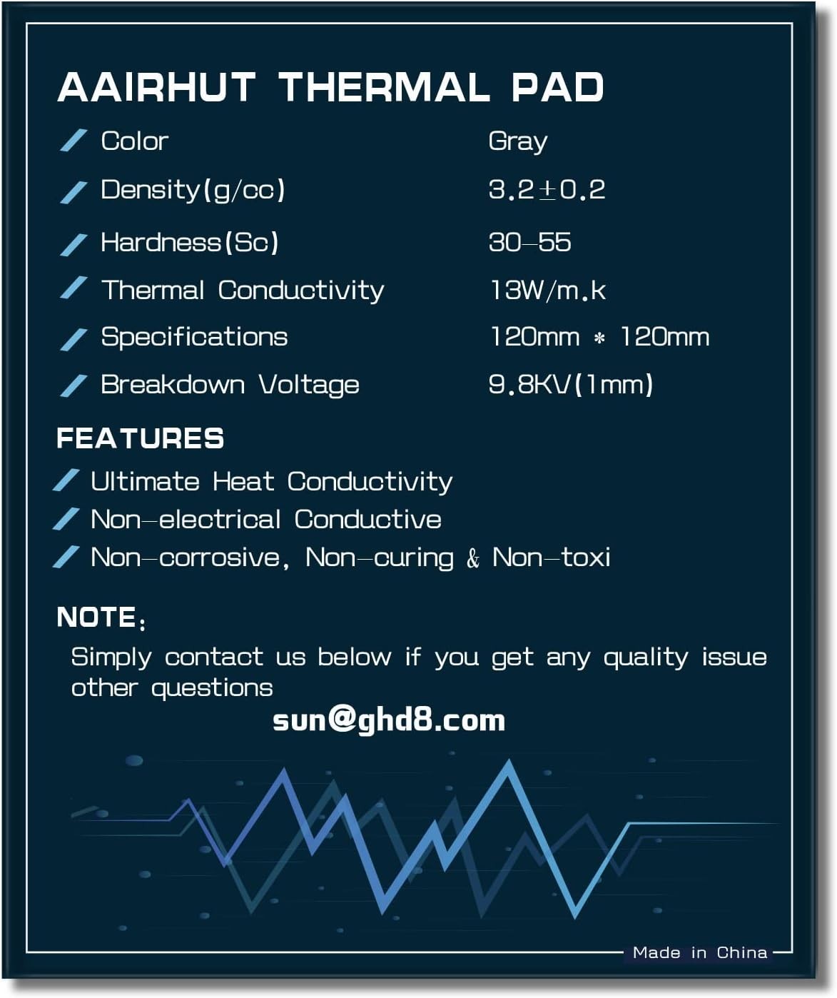 Aairhut Thermal Pad 13W/mK [0.5~3mm], 120x120x1.5mm 120 x 120 x 1.5, 13W Grey