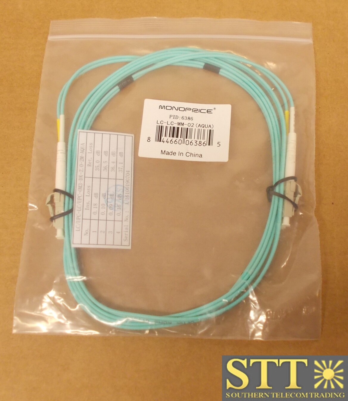 6386 MONOPRICE FIBER OPTICAL CABLE OM3 LC/LC 50/125 MM 10GB 2M AQUA NEW