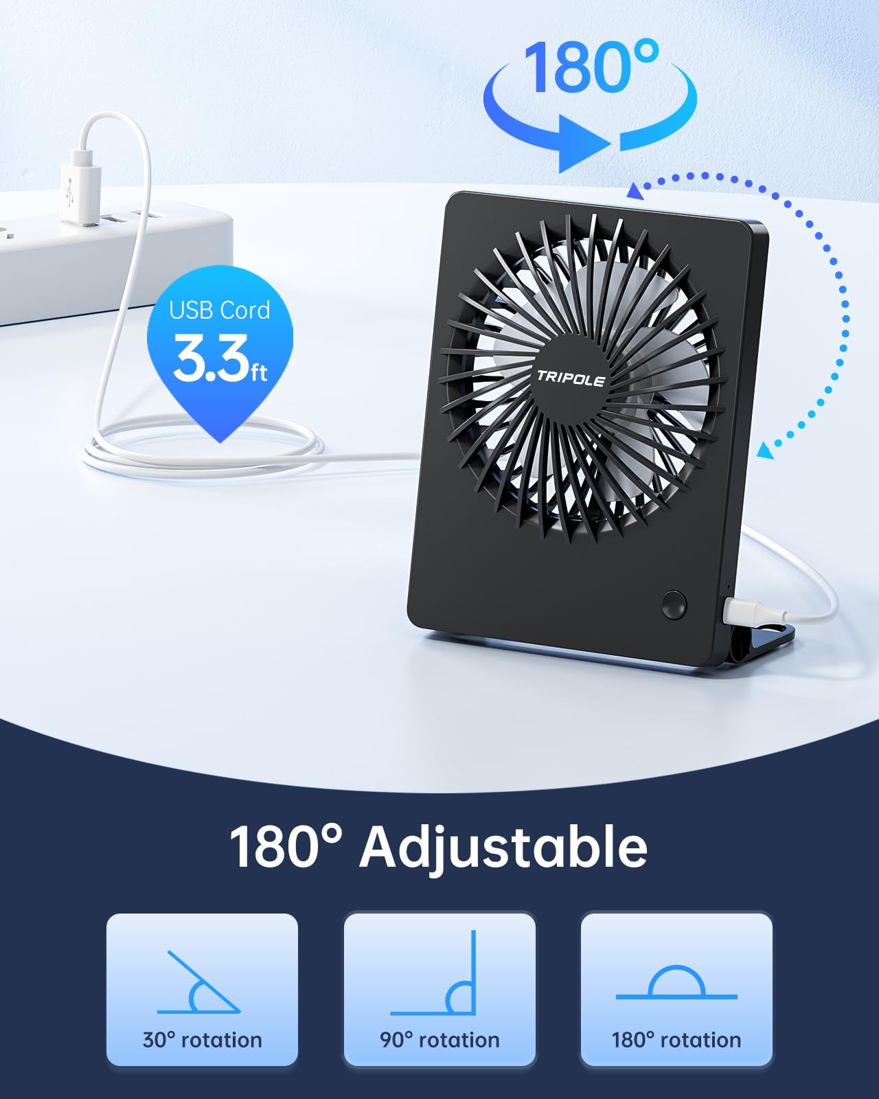 TriPole Mini Desk Fan USB Powered Portable Small Personal Mini, Black