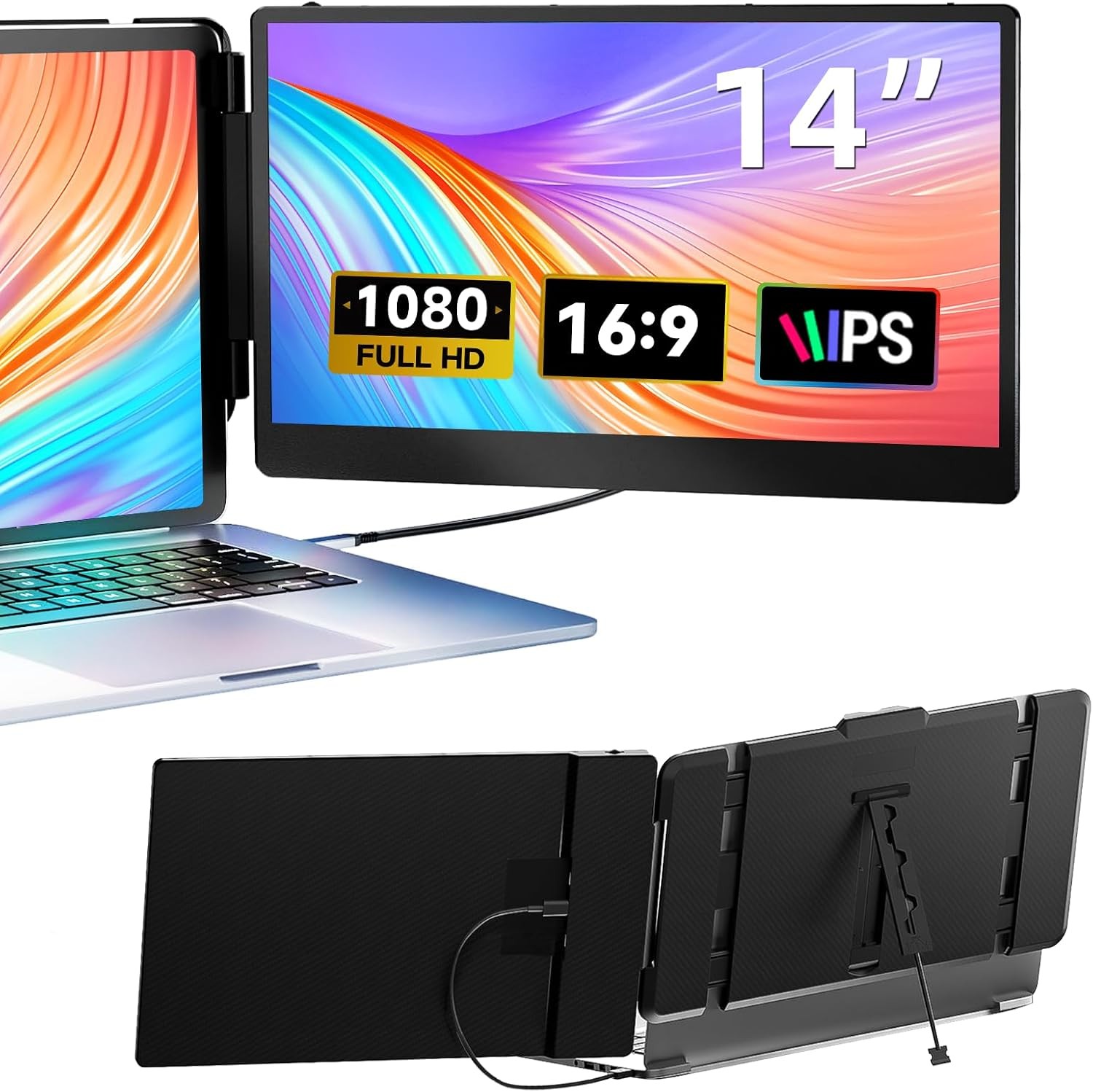 14″ FHD 1080P IPS Dual Laptop Monitor Extender, Portable Plug n Play