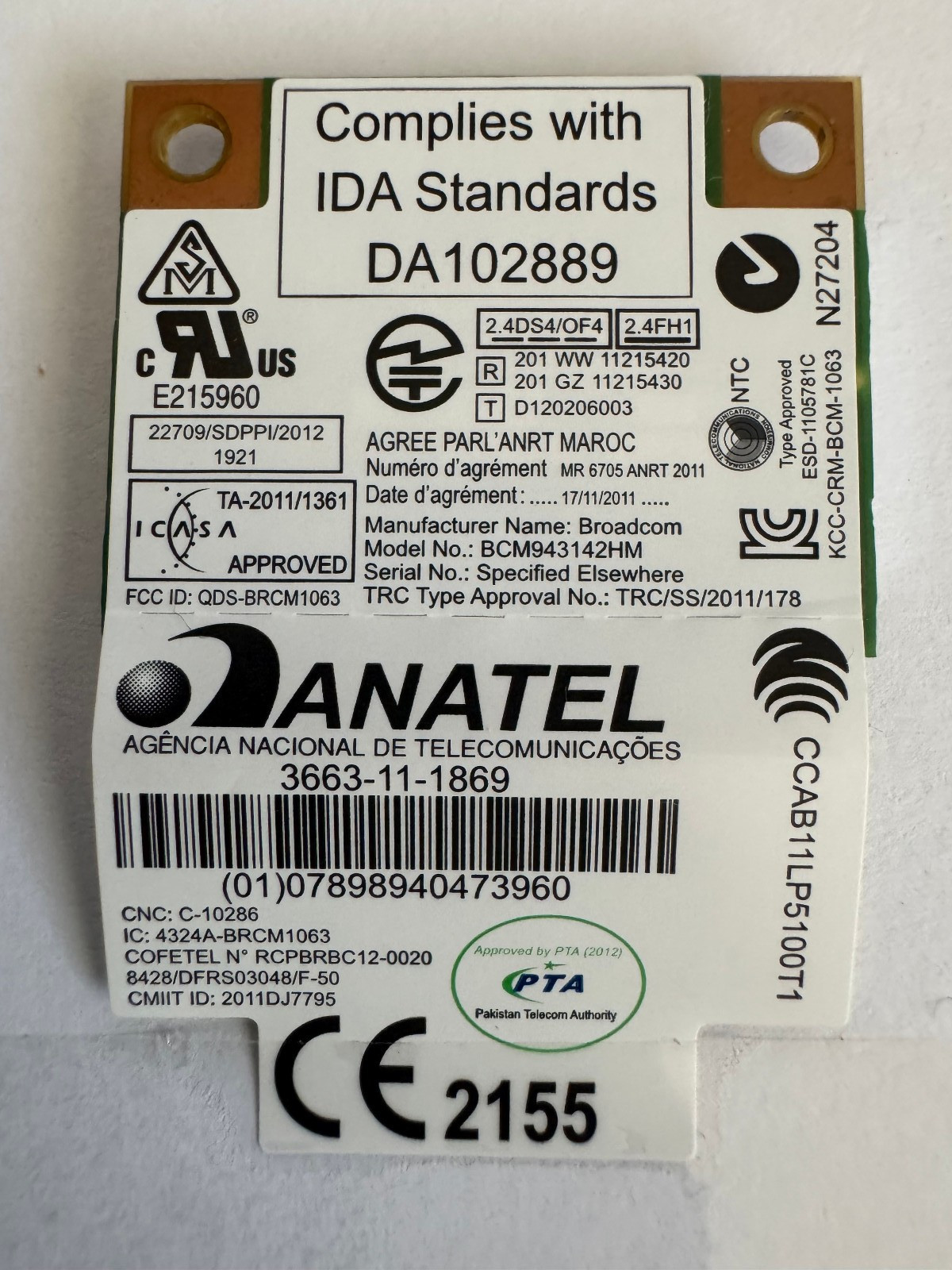 Broadcom BCM943142HM 04W3837 802.11b/g/n Wireless WIFI WLAN Card