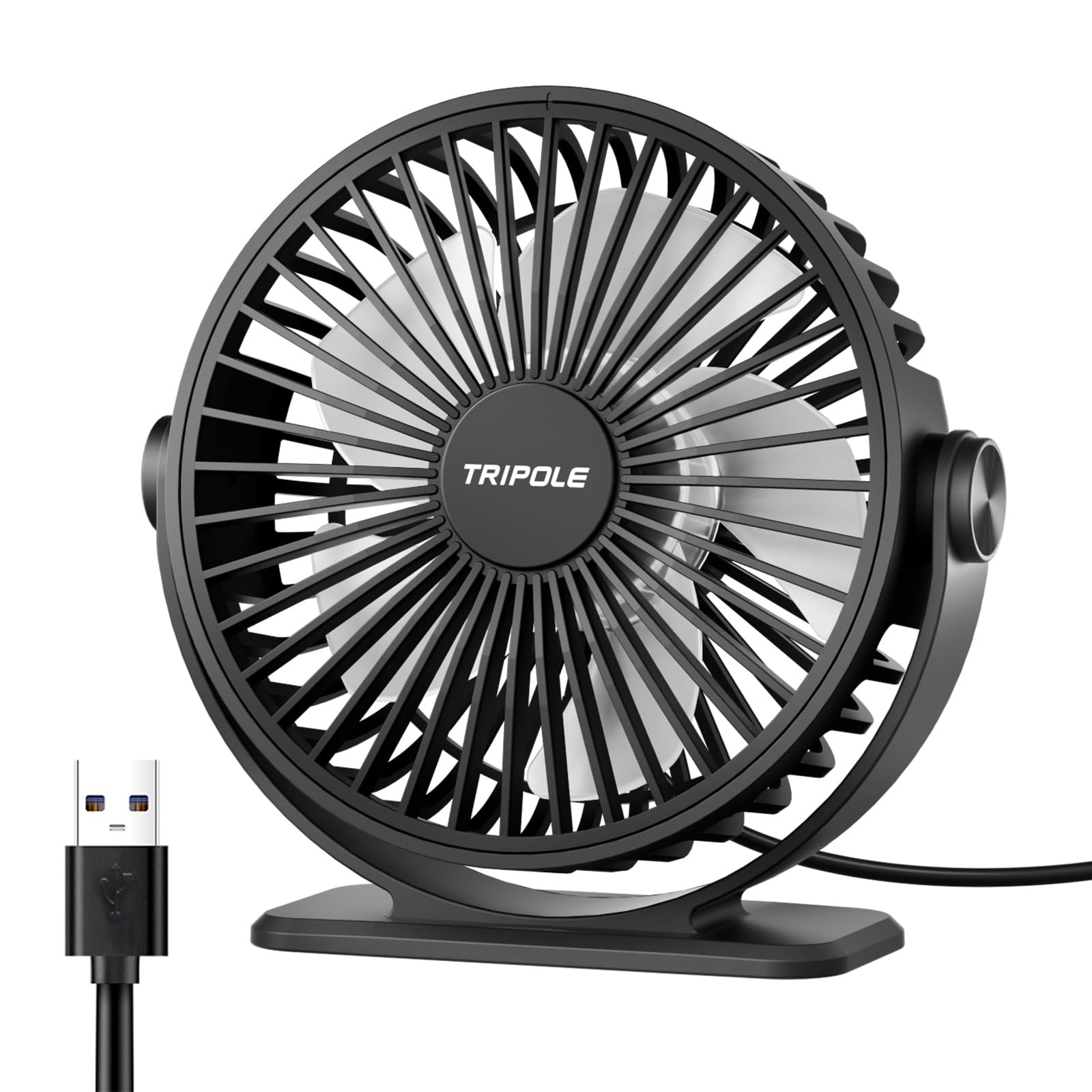 TriPole Desk Fan USB Powered Small Portable Fan, 3 Speeds Mini, Black