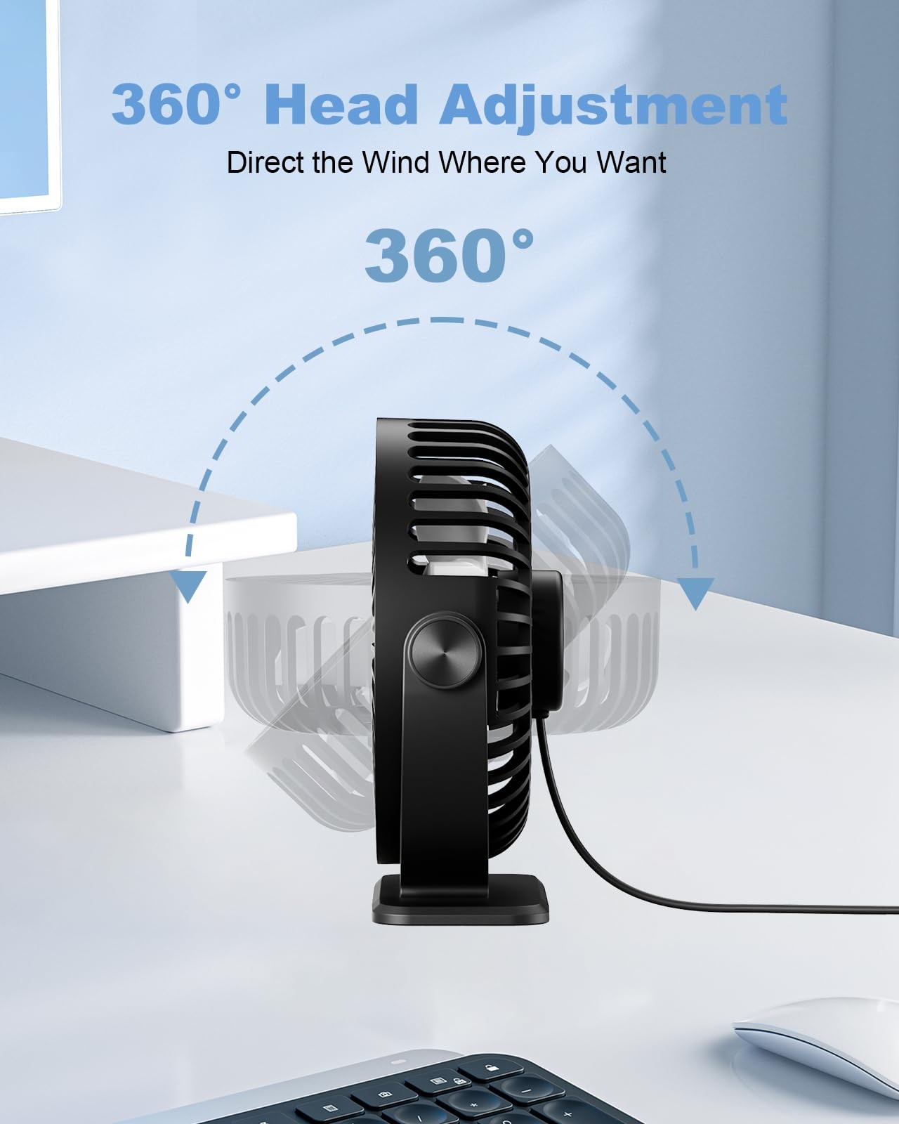 TriPole Desk Fan USB Powered Small Portable Fan, 3 Speeds Mini, Black