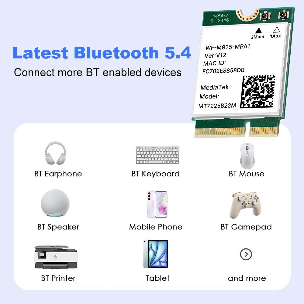 WiFi7 MT7925 Tri-band 6GHz Wireless WiFi Card Bluetooth 5.4 M.2 Adapter 802.11BE