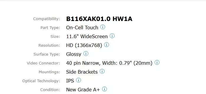 B116XAK01.0 Replacement LCD Display Touch Screen 11.6″ 1366 x 768 NARROW 40 PINS