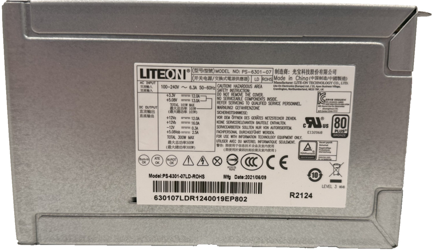 NEW LITEON PS-6301-07LD-ROHS POWER SUPPLY 300W 240V 50-60HZ PS630107LDROHS