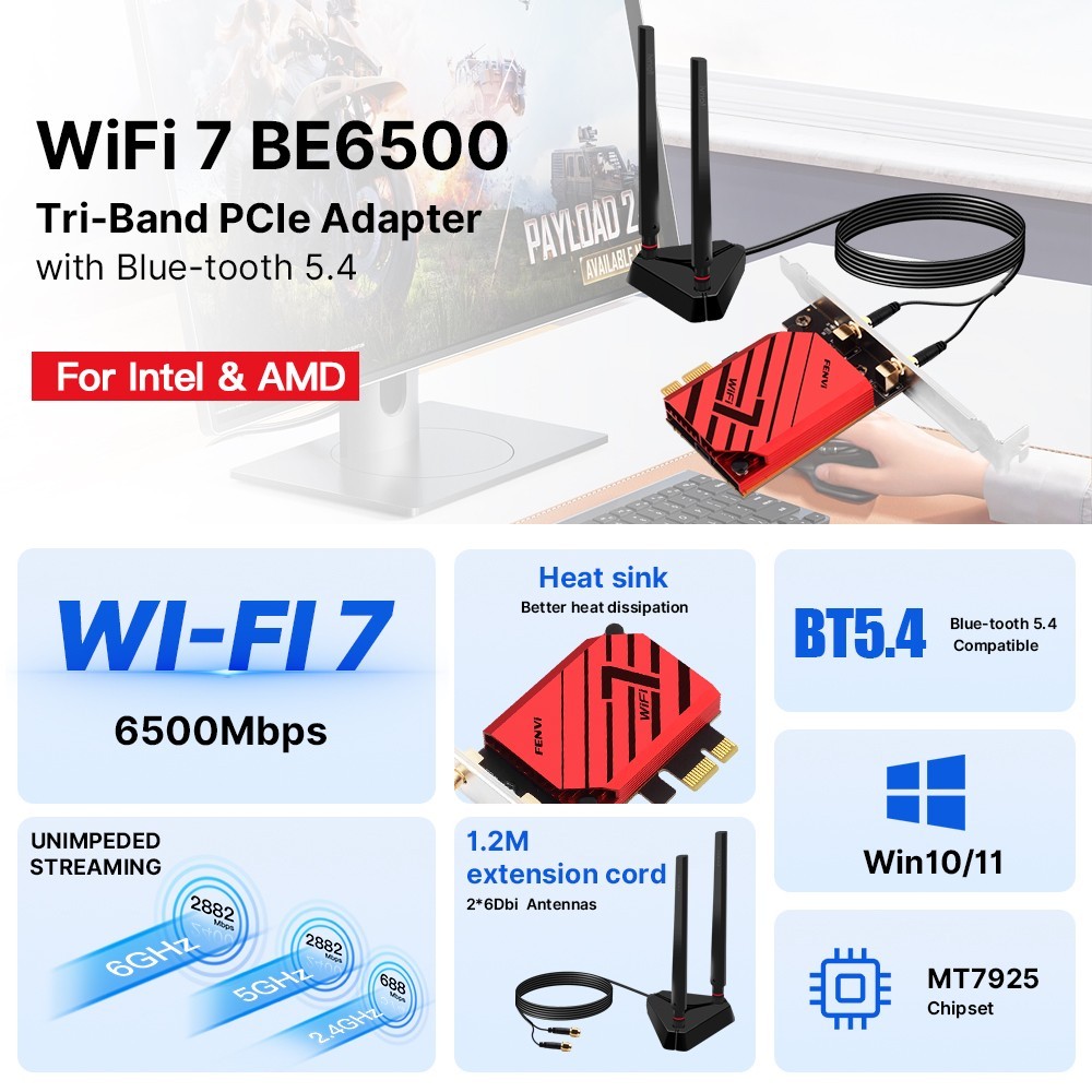 FENVi BE6500 PCIe WiFi 7 Card Bluetooth5.4 Tri-Band 6G/5G/2.4G 802.11be Win10/11