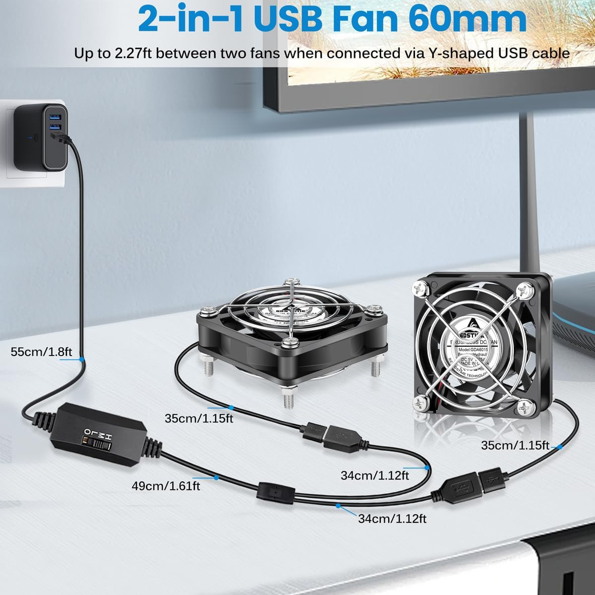 GDSTIME 2-Pack 60Mm X 15Mm USB Fan with 3 Speed Control, 5V Brushless DC Cooling