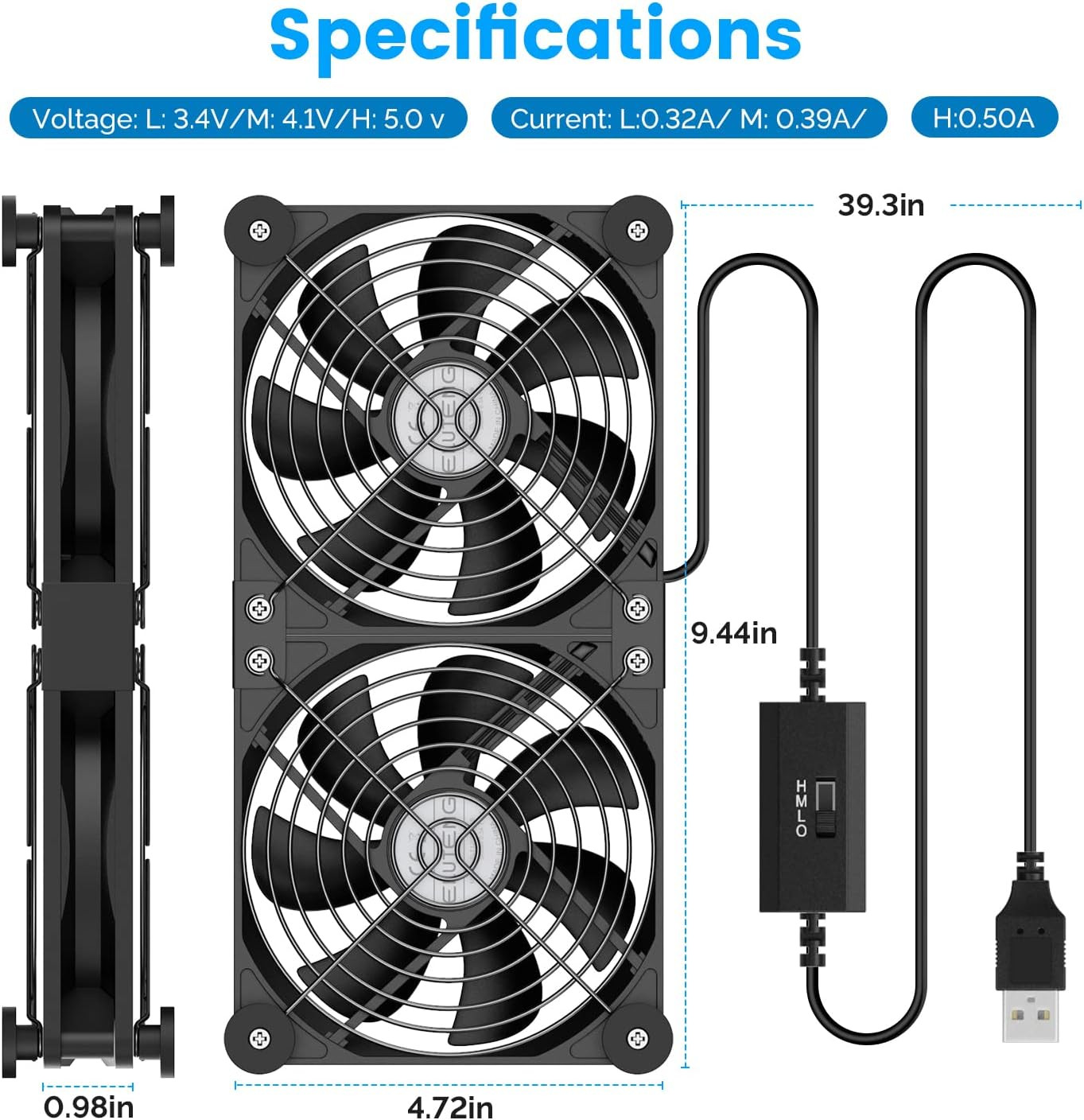 Dual USB Computer Cooling Fan High Speed 120Mm Fan Adjustable 5V USB
