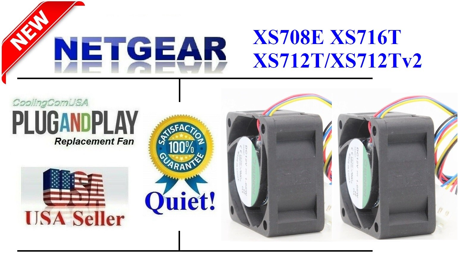 **Quiet** version 2x new replacement fans for Netgear XS712Tv2 XS712T XS716T