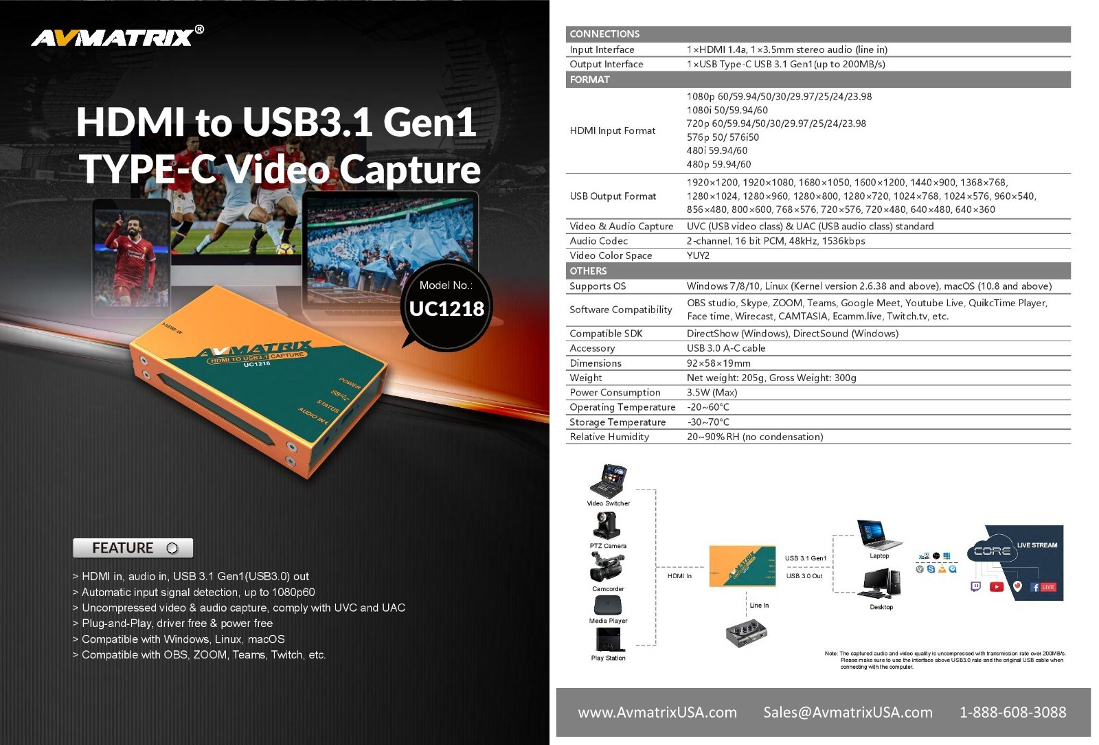 AVMATRIX USB capture card UC1118 UC1218 UC2018 SDI USB3.1 TYPE-C HDMI USB3.1