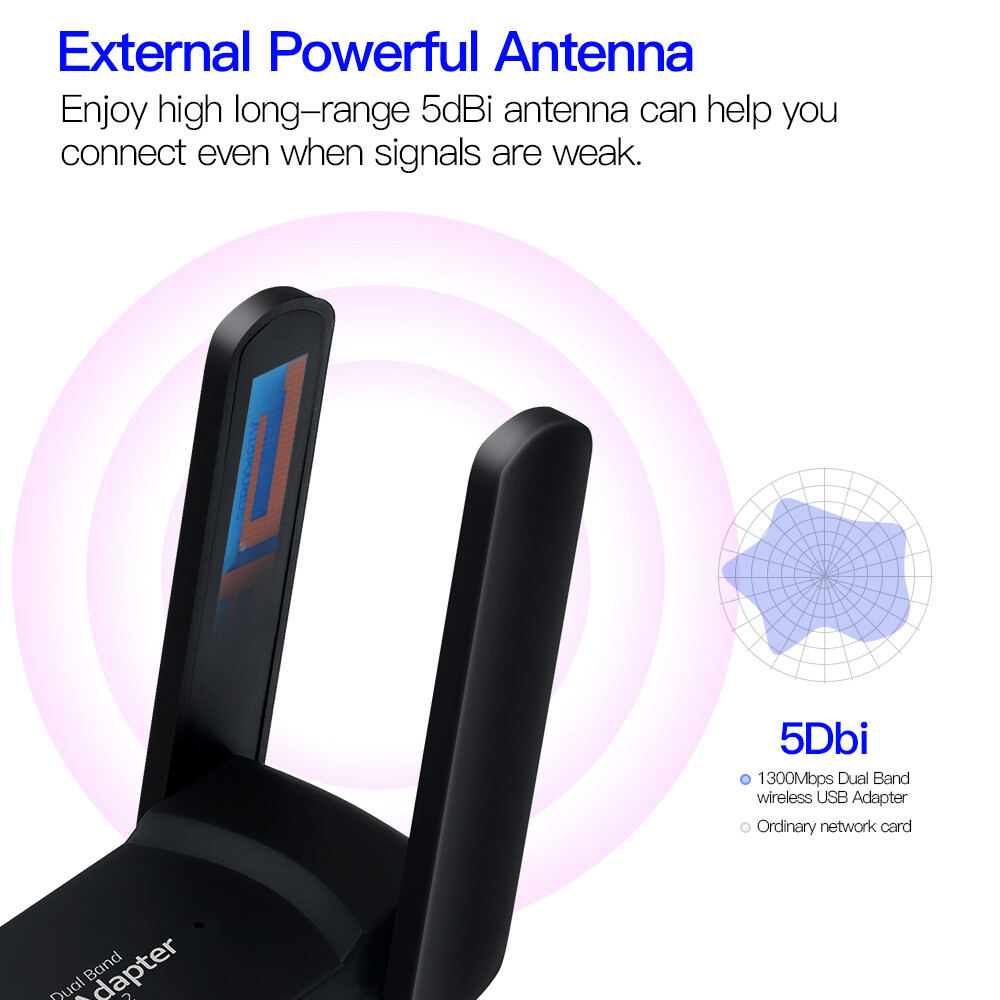 USB 3.0 WiFi Adapter 1300Mbps Dual Band 5GHz Wireless Dongle with Bluetooth 4.2