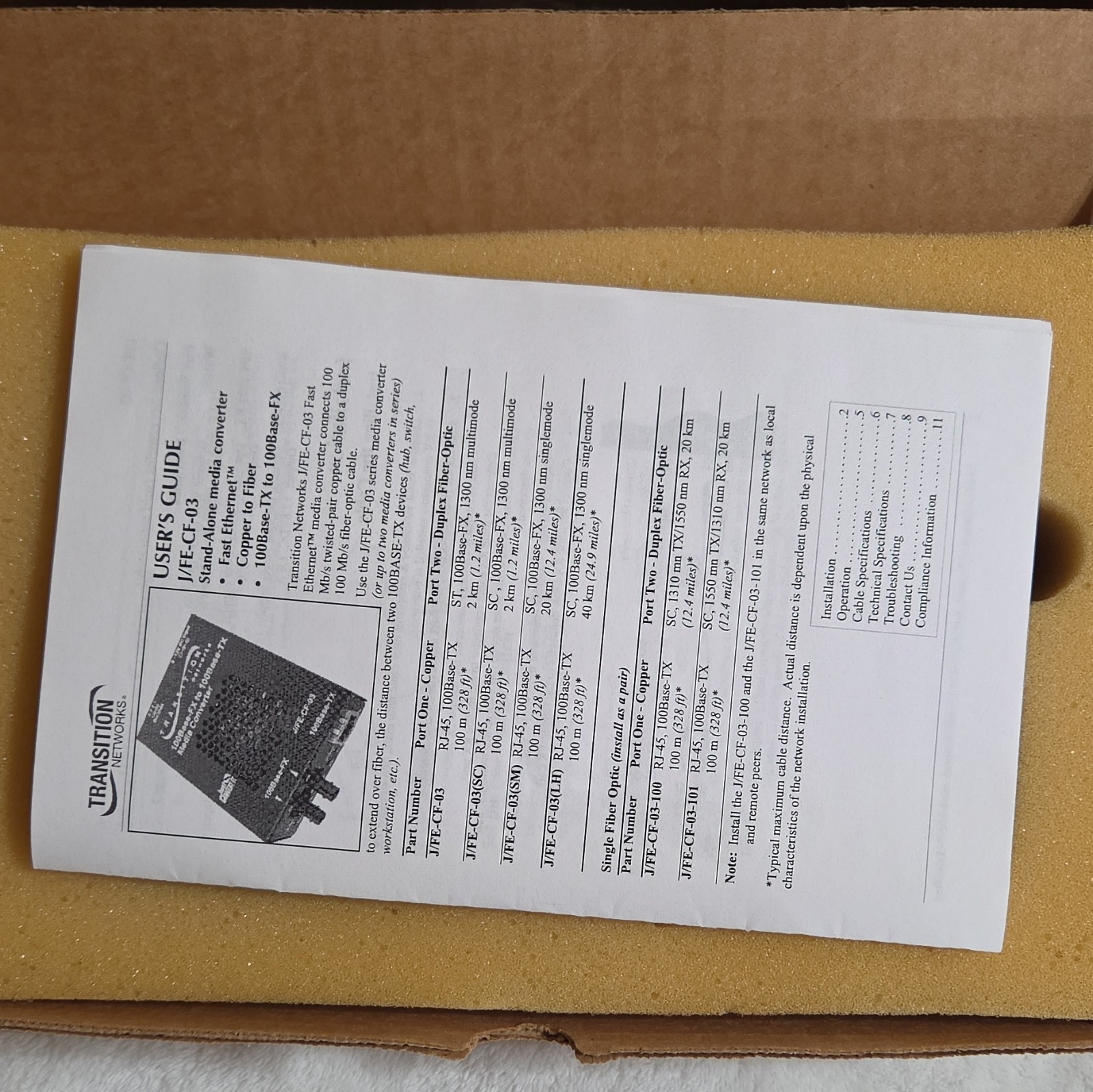 Transition Networks J/FE-CF-03 Converter 100Mbps SC to RJ-45 Fiber To Ethernet