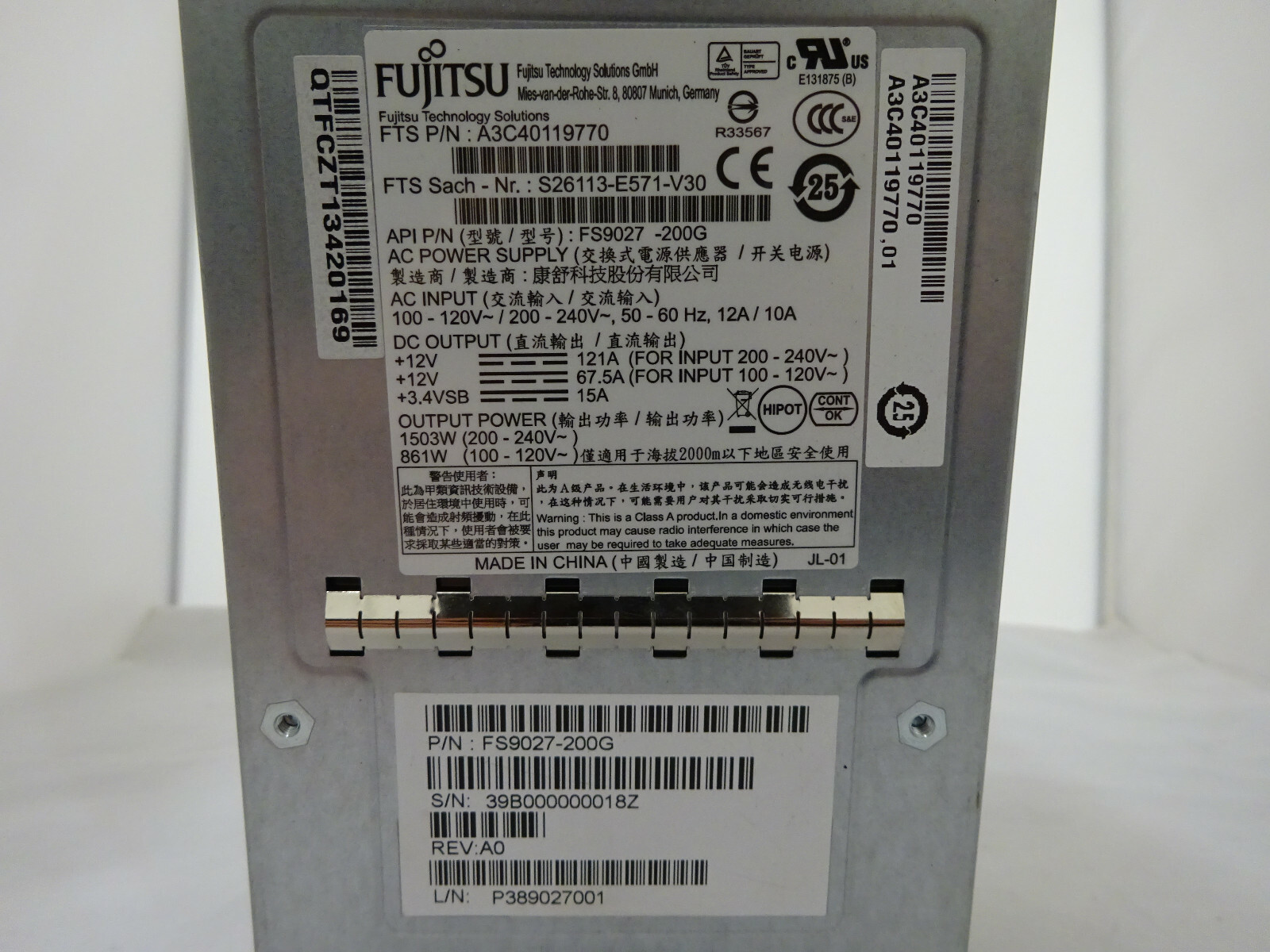 Fujitsu FTS P/N:A3C40119770 FS9027-200G REV:A0 Netzteil Server 861W-1503W #SR06