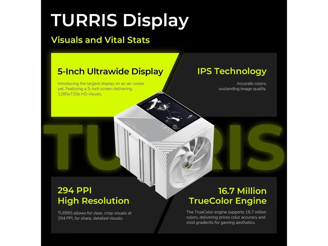 TRYX TURRIS 620 CPU Air Cooler White 5.0″ IPS Customizable Screen 280w TDP Reflo
